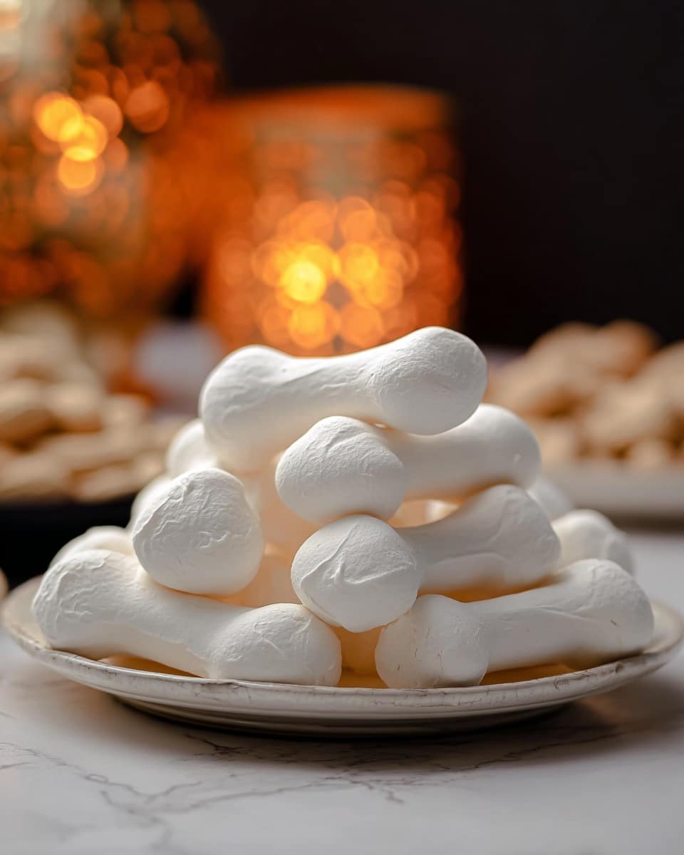 A pile of white meringue bones with a smooth, matte texture are stacked on a white plate with a subtle marbled pattern, placed on a white marbled surface. The bones are arranged loosely, showing their rounded ends and slightly uneven shapes, resembling simple cartoon-like bones. In the background, blurred warm orange light shines through a decorative black lattice, creating a cozy atmosphere. Behind the plate of bones, there is also a blurred white plate filled with bone-shaped cookies, adding a contrast in color and texture. Photo taken with an iphone --ar 4:5 --v 7