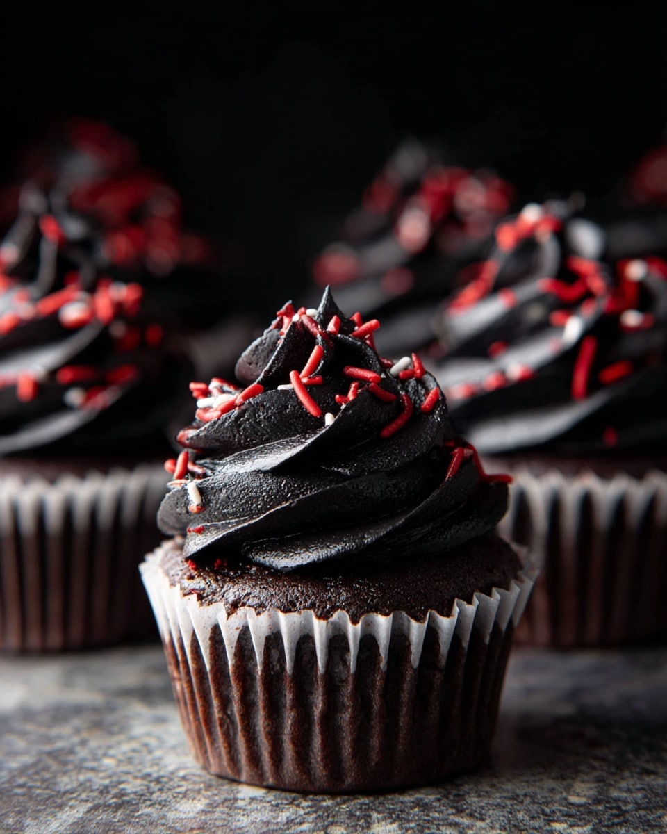 A chocolate cupcake with a dark brown base wrapped in a pleated white paper liner, topped with a thick swirl of glossy black frosting that is textured with smooth ridges. The frosting is sprinkled with small red and white elongated sprinkles scattered evenly over the top. The cupcakes are arranged close together on a surface with a textured grayish appearance, set against a dark background that highlights the deep black frosting. photo taken with an iphone --ar 4:5 --v 7