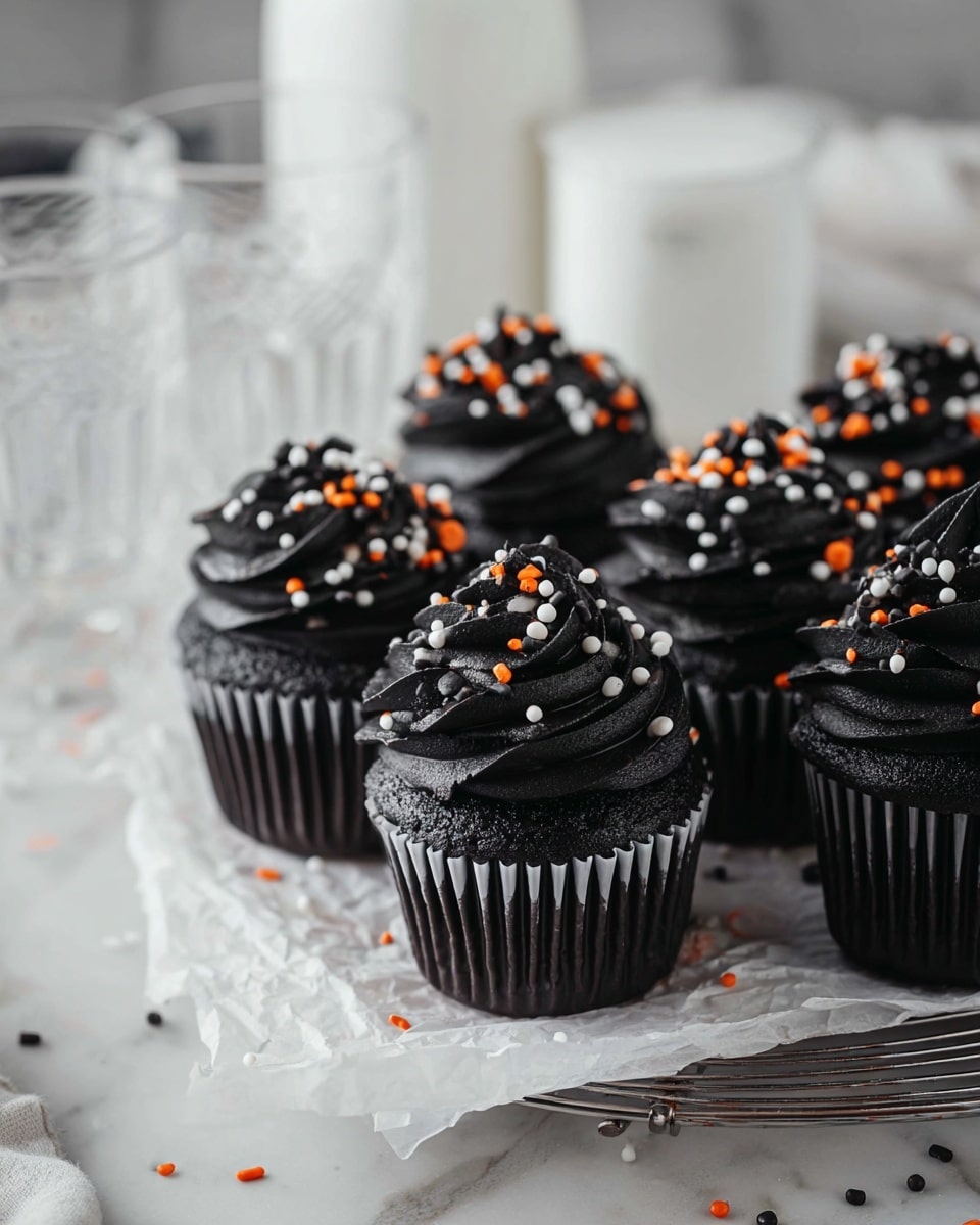 A group of six black cupcakes are shown with three layers each: the bottom layer is the dark black cupcake base, the middle is black cupcake liners around each cup, and the top layer is swirled black frosting with a soft, creamy texture. The frosting is decorated with small, round white, orange, and black sprinkles scattered on top and around the white marbled surface beneath them. The cupcakes rest on lightly crumpled white parchment paper on a metallic wire rack. In the soft-focus background, there are clear glasses and white containers placed on the white marbled surface. Photo taken with an iphone --ar 4:5 --v 7