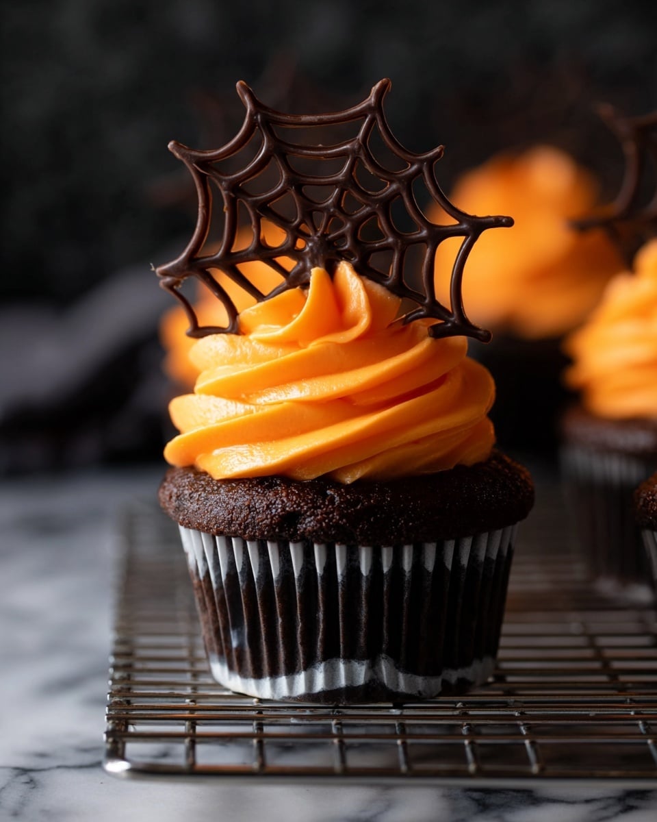 A dark chocolate cupcake sits on a white plate with bright orange frosting swirled thickly on top, forming a tall peak. A thin, dark chocolate spiderweb decoration is placed upright in the frosting. The surface beneath the plate is a white marbled texture, and some warm orange lights softly blur in the background, giving a cozy feeling. A woman's hand is gently resting nearby over a light purple cloth. Photo taken with an iphone --ar 4:5 --v 7
