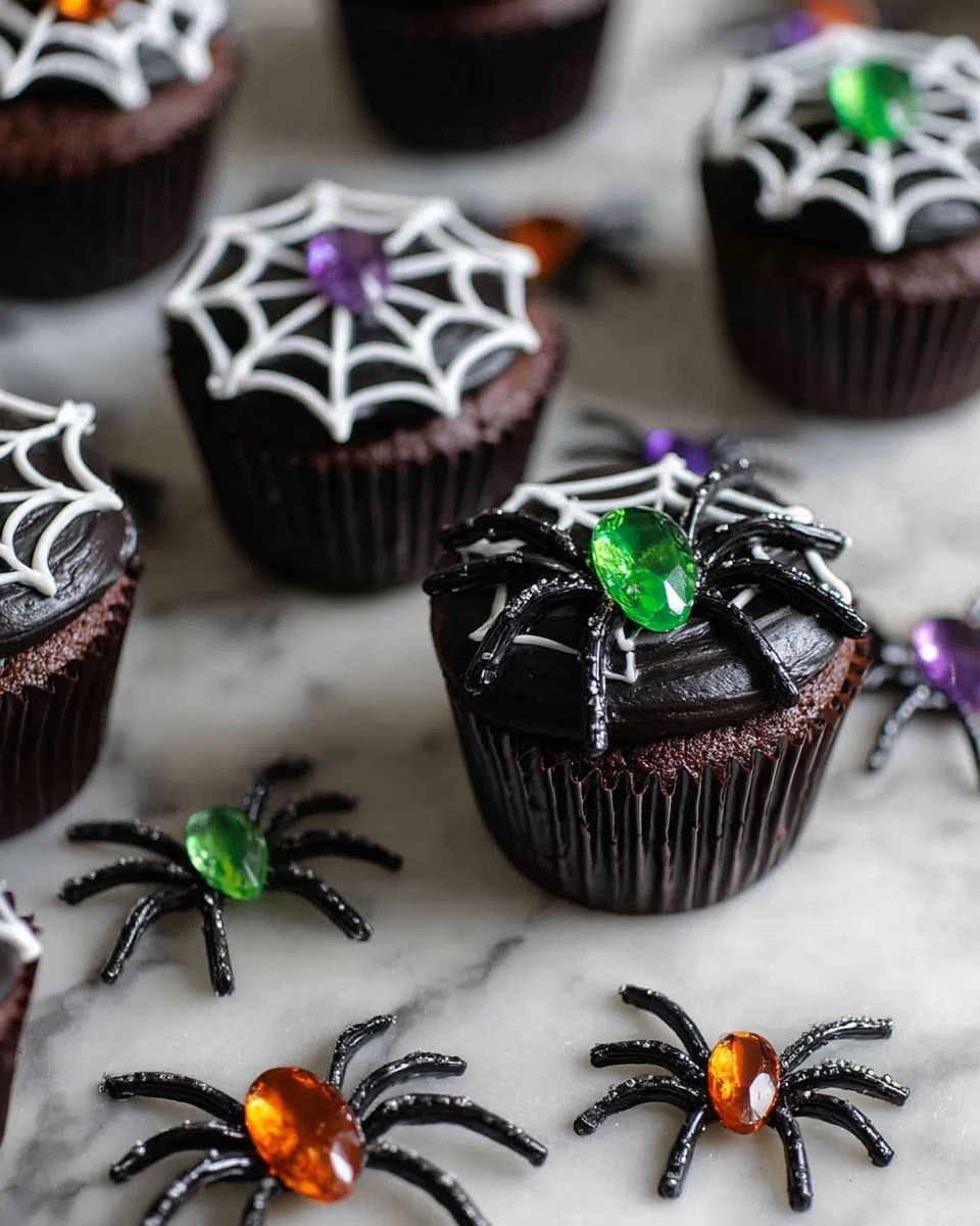 The image shows dark chocolate cupcakes topped with smooth black frosting decorated with white spiderweb designs. Each cupcake has a shiny, green jewel spider on top with black legs made of icing or plastic. Around the cupcakes on the white marbled surface are several small black spider decorations with bright gems in orange, purple, and green colors as their bodies. The colors are mainly black, white, and jewel tones, with the cupcakes arranged close together in a spooky Halloween style photo taken with an iphone --ar 4:5 --v 7