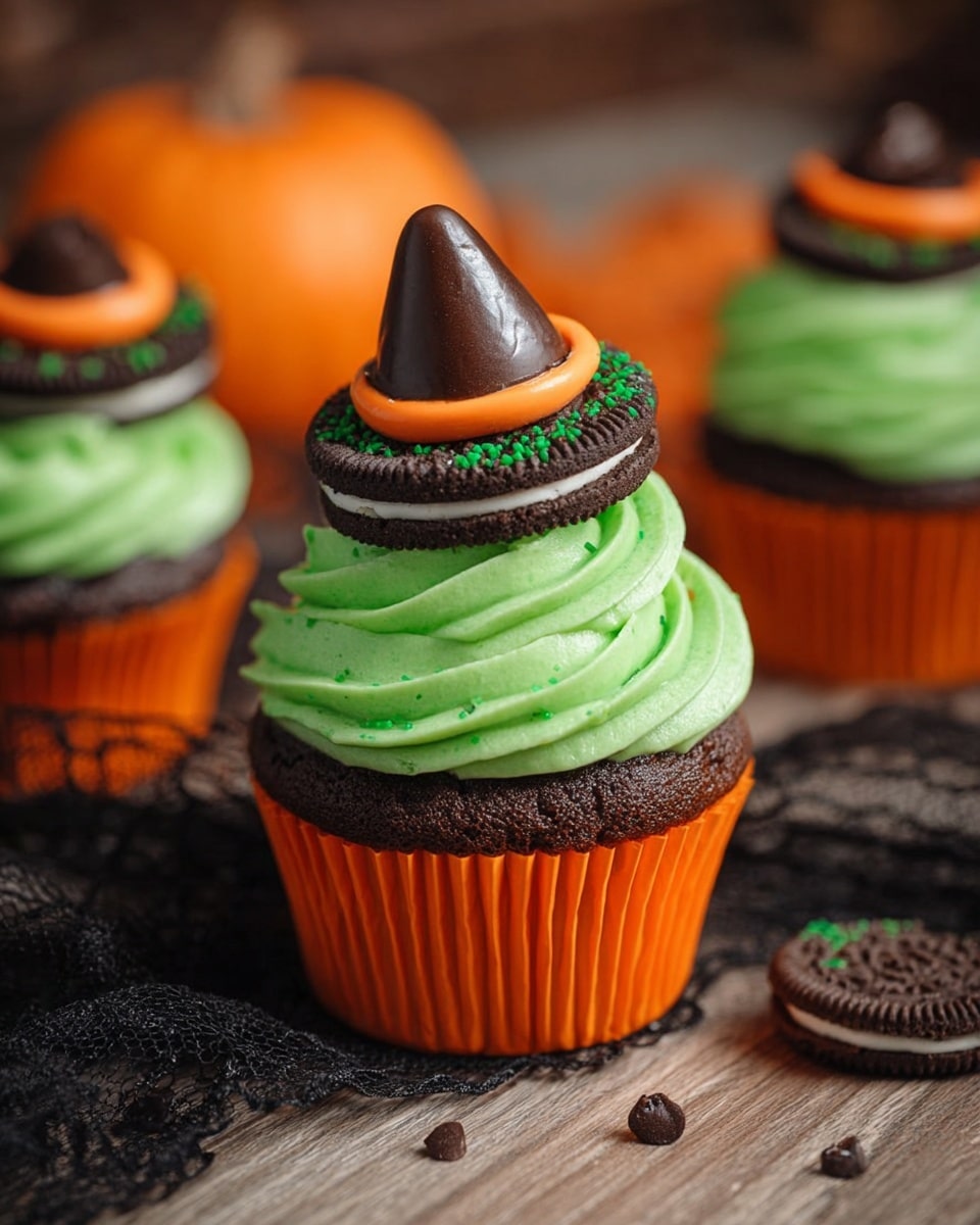 The image shows a chocolate cupcake with three main layers on top. The bottom layer is a dark brown cupcake inside a bright orange paper liner. Above this, a large swirl of bright green frosting forms the second layer, with a smooth and thick texture. On top of the frosting sits a black cookie ring with white cream inside, making the third layer. Above the cookie ring, there is a small, rough ring of bright orange frosting with green sprinkles, topped with a shiny, dark brown chocolate drop shaped like a cone. The cupcake is on a wooden surface with a black lace fabric and a few chocolate drops and cookies scattered nearby, with a blurred small orange pumpkin in the background. photo taken with an iphone --ar 4:5 --v 7
