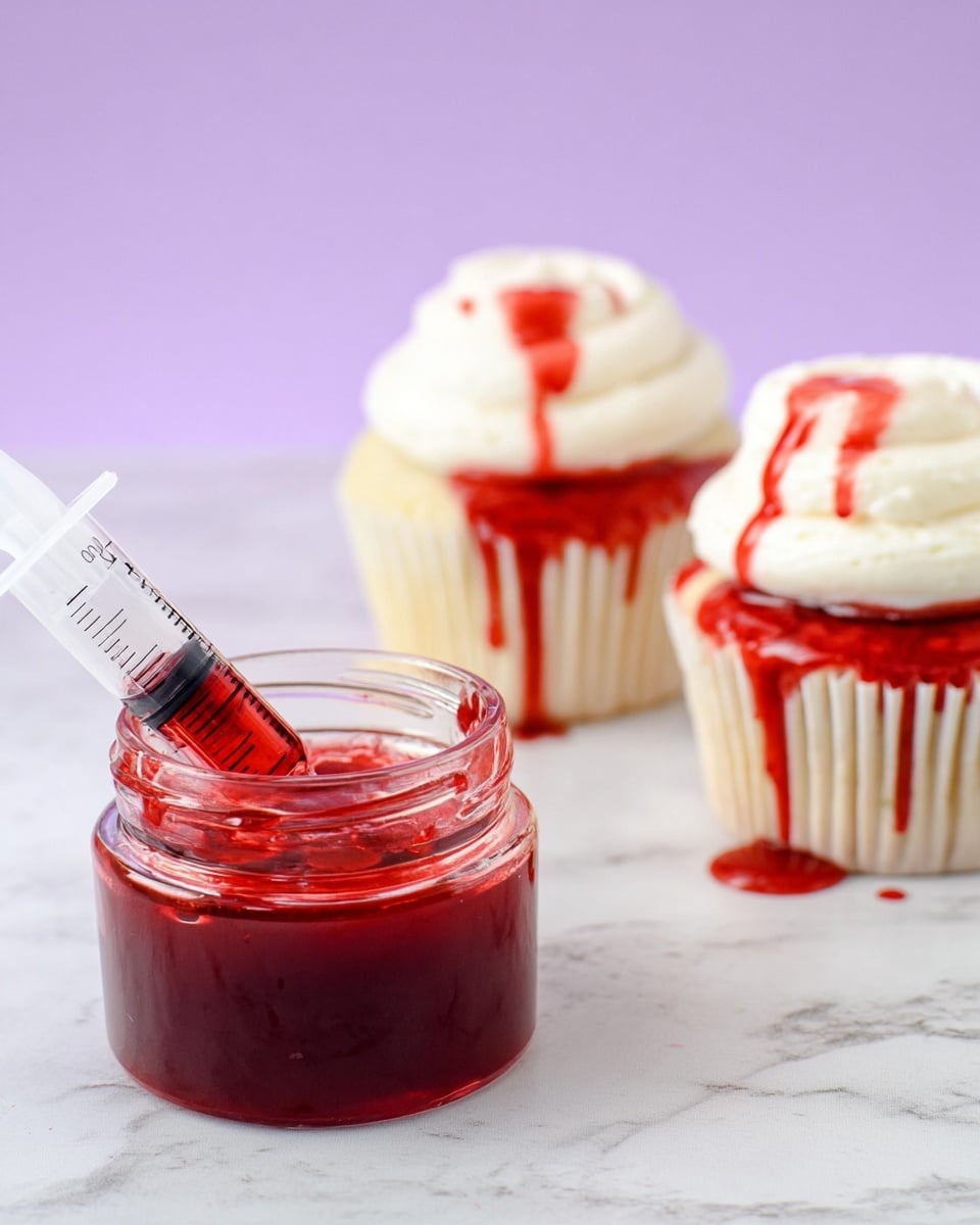 Three cupcakes are shown on a smooth purple surface. Each cupcake has a white paper wrapper and is topped with a thick layer of white frosting. Dark red sauce is drizzled on top of the frosting, dripping down the sides and pooling on the purple surface, creating a spread of glossy red liquid. The front cupcake has more prominent sauce spread compared to the two behind it, which are slightly blurred. photo taken with an iphone --ar 4:5 --v 7