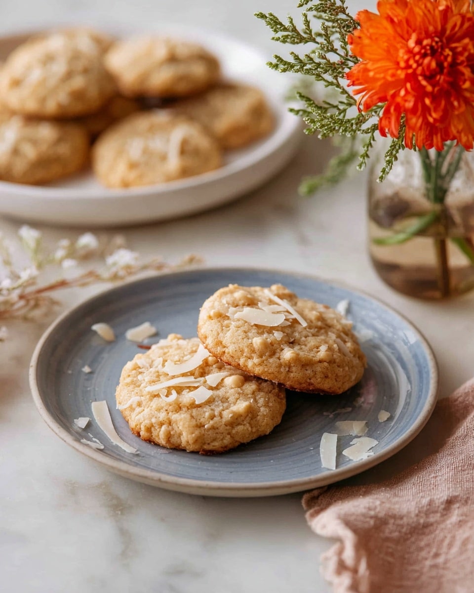 A pink oval plate holds a pile of about ten round cookies, each one light golden brown with varied small bumps and textures showing pieces of coconut inside. The cookies are stacked with some overlapping, creating a cozy layered look. The plate is set on a white marbled surface, next to a soft beige cloth with a leafy print on the left side. In the background, there is a small clear vase with bright orange flowers and yellow buds, near a stack of white plates and a white container. The overall scene is warm and inviting. photo taken with an iphone --ar 4:5 --v 7
