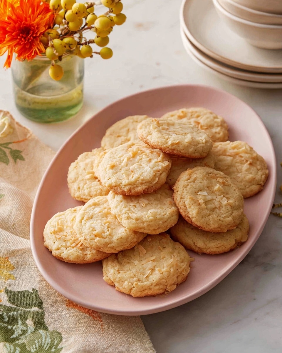 Two light golden brown cookies with a soft, slightly crumbly texture are placed on a white plate. One cookie is whole, while the other is broken in half, revealing a moist inside with visible shredded white coconut pieces mixed into the dough. Small bits of coconut are scattered around the cookies on the plate. The plate sits on a white marbled surface, with a clear round vase holding orange flowers visible in the background. Photo taken with an iphone --ar 4:5 --v 7