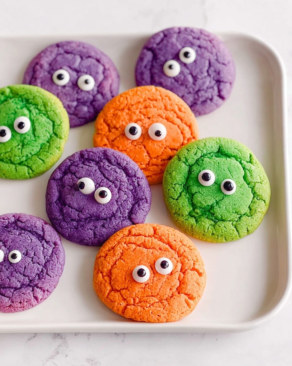 There are seven round cookies placed on a white plate with a white marbled surface in the background. The cookies come in three colors: purple, green, and orange. Each cookie has a cracked texture on top. The purple cookies are decorated with one or several small candy eyes placed in clusters or pairs. The green cookies have one or two candy eyes positioned near the center. The orange cookies feature pairs or trios of candy eyes looking playful. The candies add a fun and spooky look to the brightly colored cookies. Photo taken with an iphone --ar 4:5 --v 7