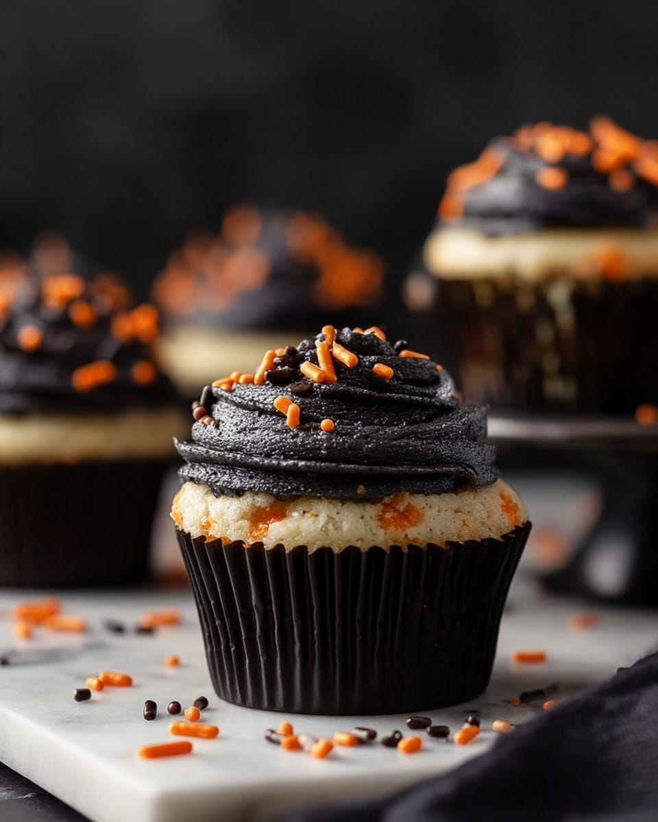 The image shows a close-up of a cupcake with two main layers. The bottom layer is a light beige cake with small orange bits mixed inside. It sits inside a black cupcake liner. On top, there is a thick, swirling layer of dark black frosting with a smooth, creamy texture. Orange sprinkles, in shapes like small sticks and dots, are scattered over the frosting and some are on the black surface beneath. The background is dark and blurry with more cupcakes visible, and the setting is on a white marbled surface. photo taken with an iphone --ar 4:5 --v 7