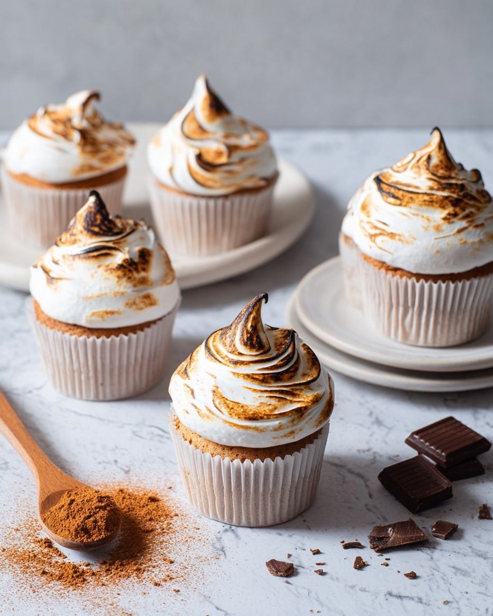 The image shows five cupcakes topped with swirled, toasted meringue that is light brown mixed with white. Each cupcake has a single tall swirl of meringue on top, with darker toasted tips, sitting in white cupcake liners. The cupcakes are placed on a light grey surface with a white marbled texture. Nearby, there is a white plate with some brown powder and a wooden spoon filled with the same powder, which is also scattered on the surface, along with small pieces of dark chocolate. Two of the cupcakes are stacked on a small white plate on the right side. Photo taken with an iphone --ar 4:5 --v 7