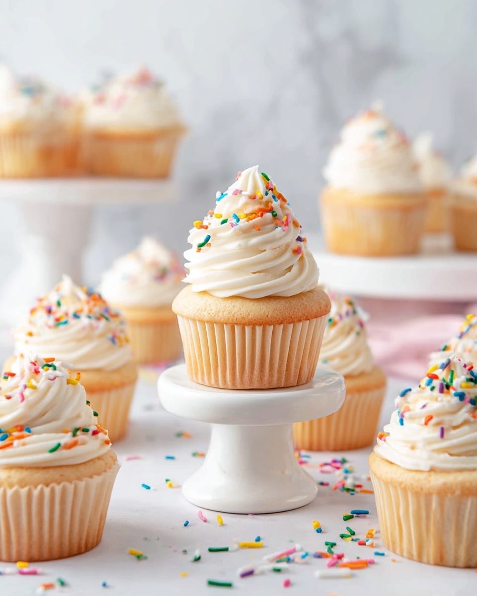 A white cake stand holds nine cupcakes, each with one swirl of frosting on top. Five cupcakes have light brown, smooth chocolate frosting with thin, curled ridges, while four cupcakes have white frosting decorated with colorful rainbow sprinkles scattered over the surface. The cupcakes alternate between dark brown chocolate bases and light beige vanilla bases. The base textures are soft and slightly crumbly. More cupcakes with the same frosting and base colors sit on the white marbled surface around the stand, with a few scattered sprinkles adding extra color. Photo taken with an iphone --ar 4:5 --v 7
