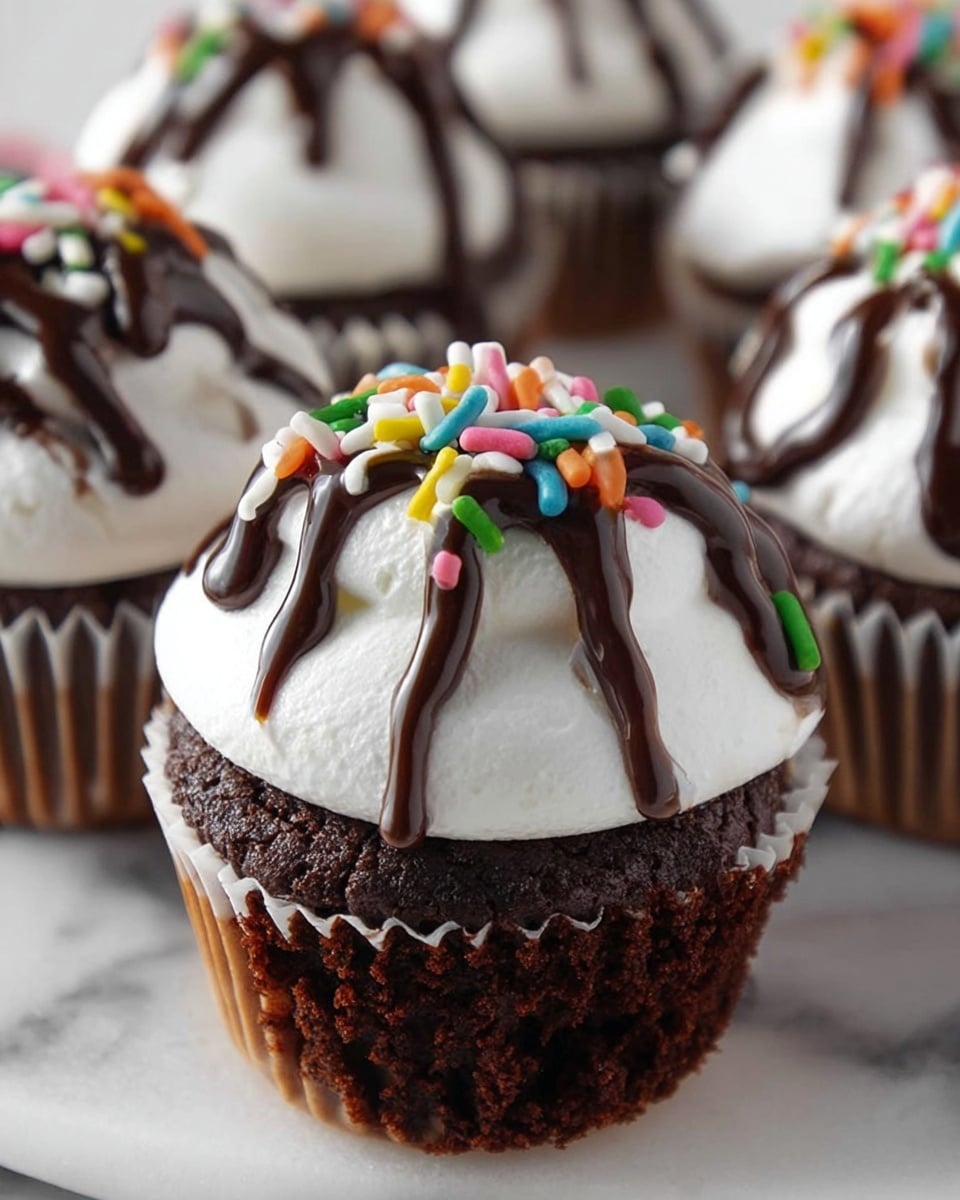 This image shows a close-up of chocolate cupcakes with three layers. The bottom layer is the dark brown chocolate cake, with a rough and moist texture, partially wrapped in a thin paper liner. The middle layer is smooth white frosting swirled on top, creating a soft, fluffy dome shape. The top layer features thick, dark chocolate syrup drizzled in broad lines over the frosting, covered with small round colorful candy sprinkles in red, yellow, green, blue, pink, orange, and white. The cupcakes are set on a white marbled surface, and the focus is bright and clear on the front cupcake, with others slightly blurred in the background. photo taken with an iphone --ar 4:5 --v 7