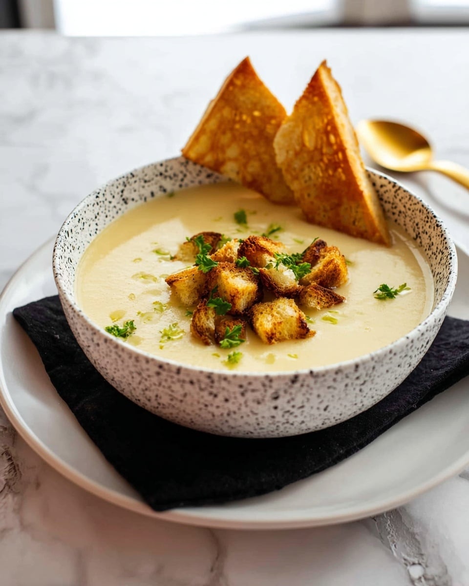 A white bowl with black speckles holds a smooth, creamy pale yellow soup. In the center, there is a small pile of brown toasted bread pieces topped with green parsley leaves. The bowl sits on a plain white plate which rests on a black cloth napkin. On the white marbled surface nearby, two large triangular toast pieces lean against the bowl. In the background, a blurred golden spoon lies on the white marbled surface. Photo taken with an iphone --ar 4:5 --v 7