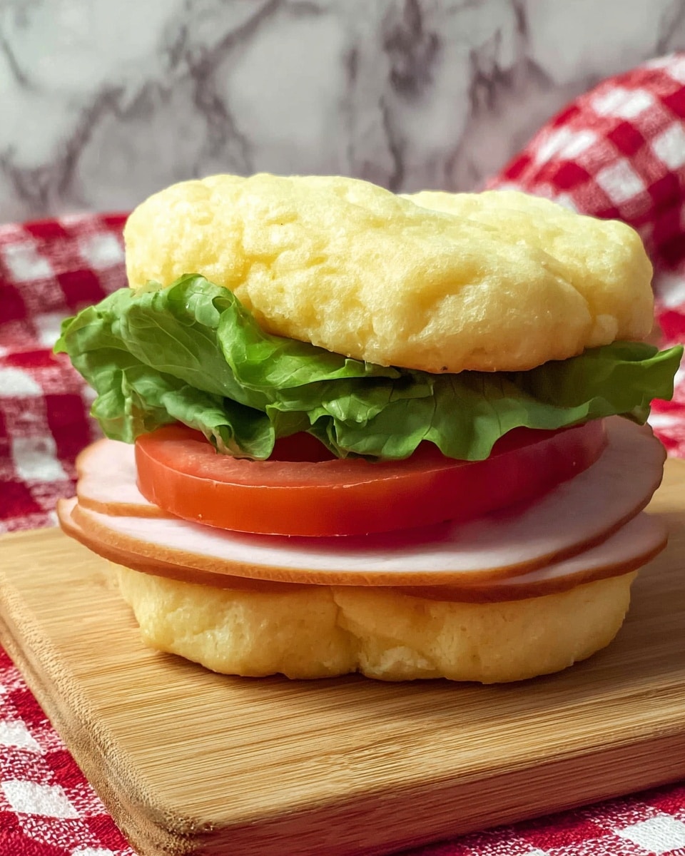 The image shows a sandwich with three layers. The bottom layer is a thick, soft, light yellow cloud-like bread with a slightly uneven texture. On top of this bread, there is a bright red tomato slice that looks juicy and fresh. Above the tomato, there is a layer of green leafy lettuce with a slightly crinkled texture. On top of the lettuce, there is a thin, smooth, light brown slice of turkey or ham. The sandwich is finished with another piece of the same light yellow, fluffy bread on top. The sandwich sits on a wooden board, and the background has a white marbled texture with a red and white checkered cloth partially visible. photo taken with an iphone --ar 4:5 --v 7