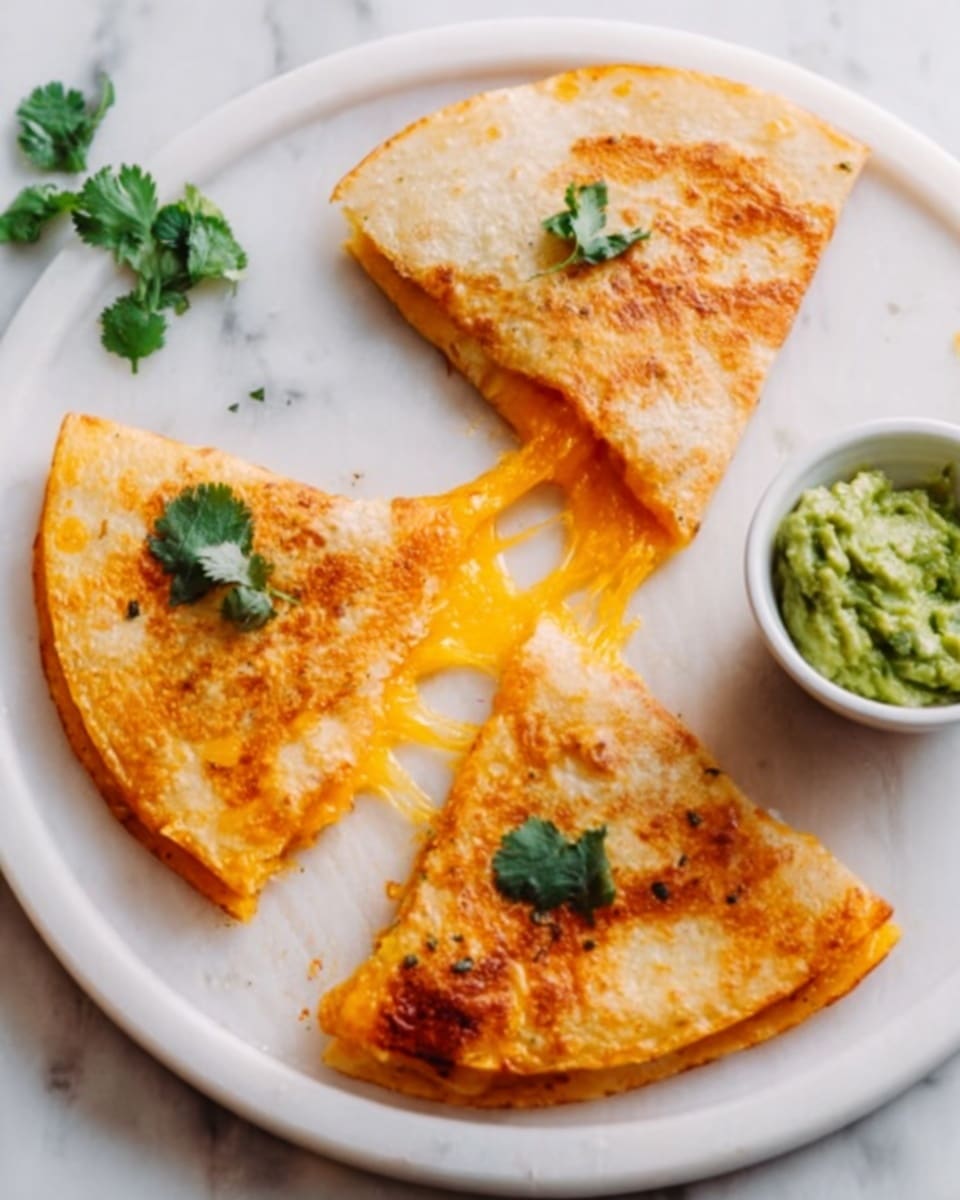 The image shows a quesadilla on a white plate with two triangular pieces separated. The quesadilla has a golden-brown crispy outer layer, with melted orange cheese stretching between the two pieces. There is a small white bowl on the side containing green guacamole. Some fresh cilantro leaves are placed on top of one quesadilla piece, and the plate rests on a white marbled surface. The texture of the quesadilla looks crispy and cheesy. photo taken with an iphone --ar 4:5 --v 7