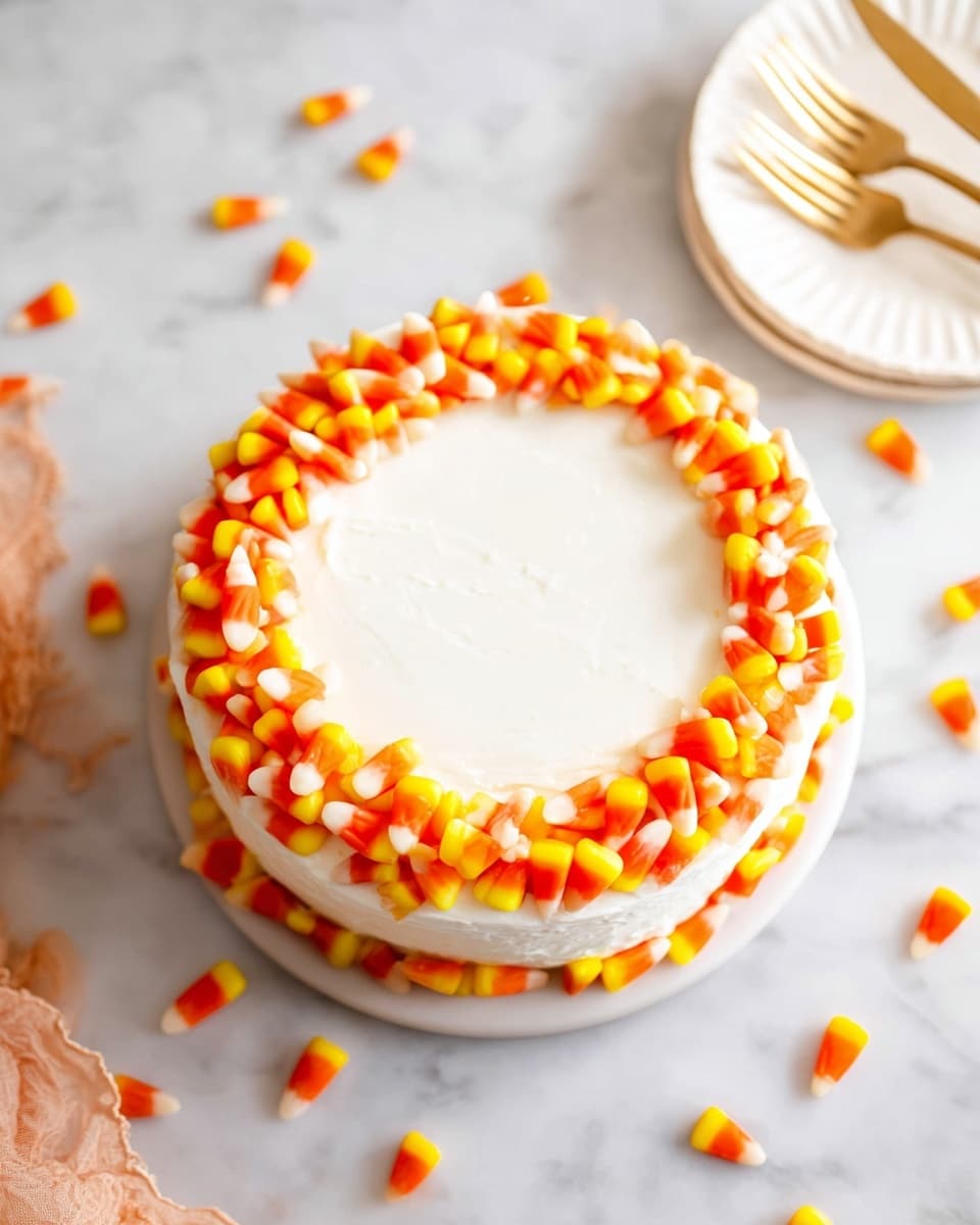 A round cake with a smooth white cream layer on top, decorated with a ring of bright candy corn pieces around the edge, showing vibrant orange, yellow, and white colors. The middle of the top layer of the cake is plain white cream, without decoration. The cake sits on a white marbled surface with scattered candy corn pieces around it. Nearby, a white plate holds several gold forks. Photo taken with an iphone --ar 4:5 --v 7