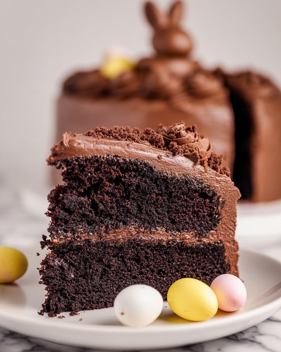 A close-up of a single slice of chocolate cake on a white plate showing two layers of dark, moist chocolate cake with a smooth, thick layer of chocolate frosting between them and covering the outside. The top of the cake slice has some crumbled cake bits, and small, colorful candy eggs in yellow, white, and pink rest on the plate around the slice. In the blurred background, there is the rest of the cake decorated with more chocolate frosting and a small chocolate bunny on top. The setting is on a white marbled surface. Photo taken with an iphone --ar 4:5 --v 7