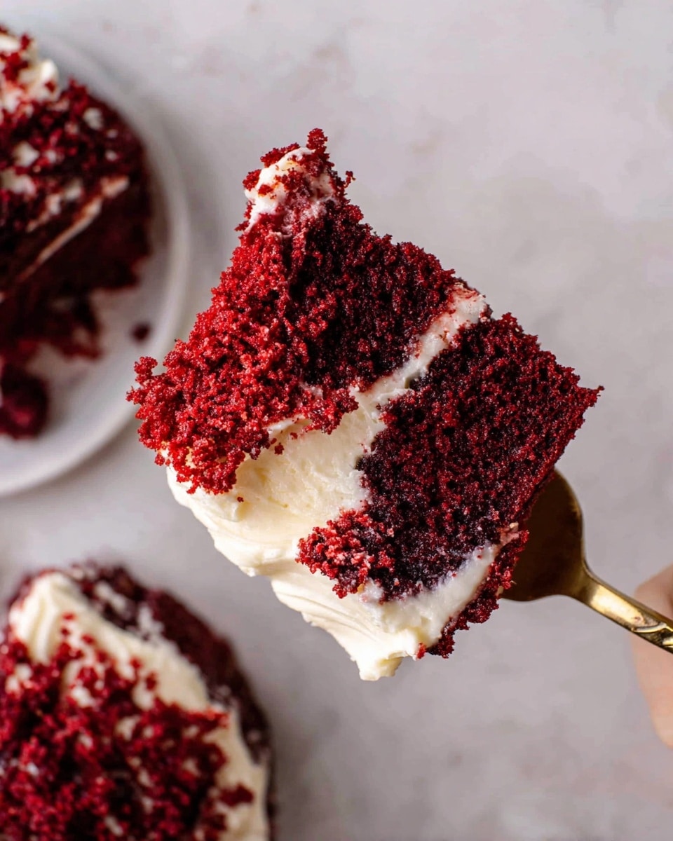 A piece of red velvet cake held by a woman's hand with a gold fork rests on a white marbled surface. The cake has two layers, both deep red and moist with a soft crumb texture. A thick layer of white cream cheese frosting sits on top and peeks out slightly between the layers. Part of the cake is missing from the top left side, showing the uneven crumb inside. Near the cake piece, a round white plate with some more red velvet cake and white frosting is partially visible. The overall look is rich and inviting. photo taken with an iphone --ar 4:5 --v 7