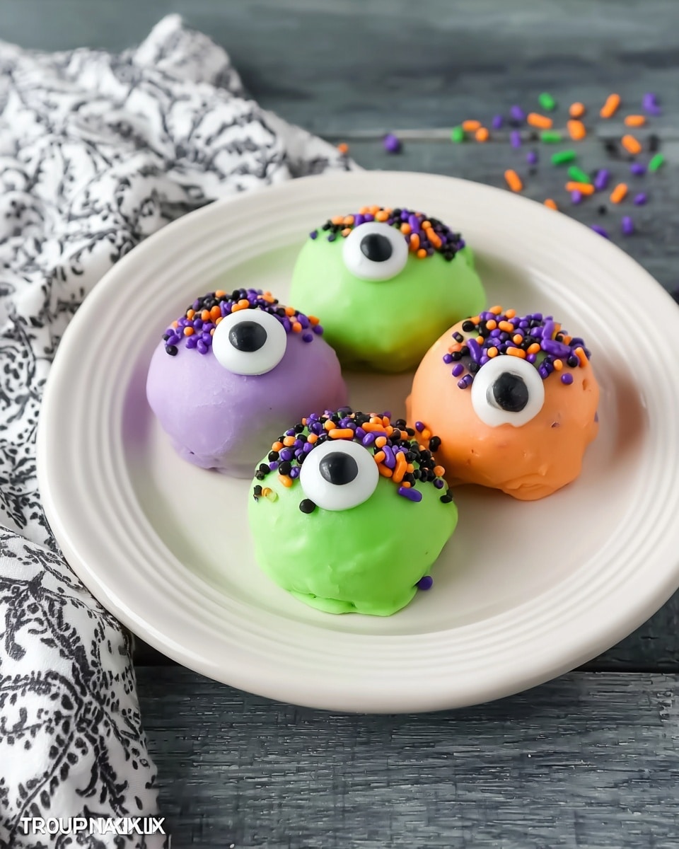 Five colorful round treats are placed on a white plate with subtle ridges. Each treat is coated with a smooth layer of candy in bright colors: two are green, two are light purple, and one is orange. Each has one large candy eye near the center and is topped with small sprinkles in black, green, orange, and purple. Their surfaces are slightly uneven, giving a homemade look. The plate sits on a dark gray wooden surface, and a white and black patterned cloth is seen in the background. Some sprinkles are scattered around the plate. photo taken with an iphone --ar 4:5 --v 7
