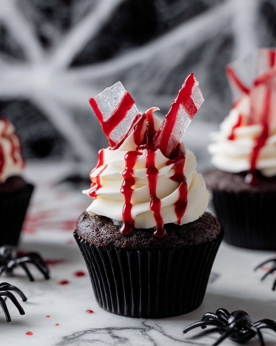 A dark chocolate cupcake sits at the bottom layer in a black paper cup, topped with a tall swirl of smooth white frosting in the middle layer. Thin, sharp shards of clear sugar glass with red streaks are placed vertically into the frosting on the top layer. Red syrup is drizzled over the frosting and glass shards, creating uneven bright red lines. The cupcakes are set on a white marbled surface with fake spider webs and small black plastic spiders around for a spooky look. Photo taken with an iphone --ar 4:5 --v 7