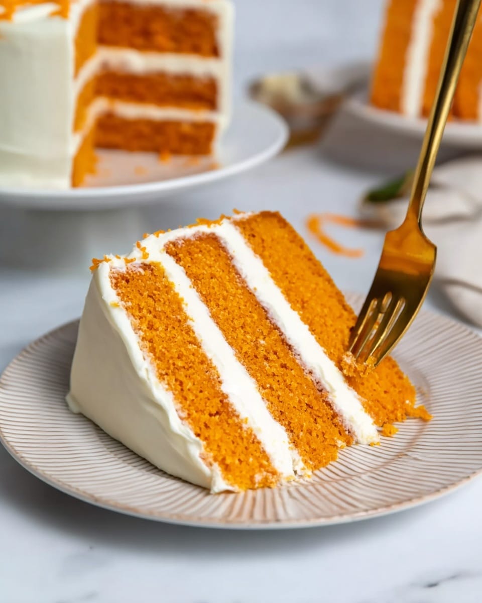 A slice of four-layer cake with bright orange sponge layers and white cream layers between them sits on a white plate with subtle ridges. The white cream also covers the outside of the slice smoothly. A gold fork is gently pressing into the middle right side of the cake. In the background, there is another similar slice on a white plate, both placed on a white marbled surface. Photo taken with an iphone --ar 4:5 --v 7