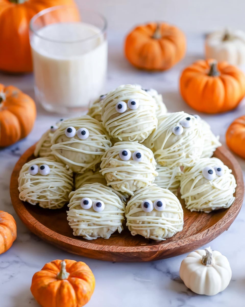 A wooden plate holds a pile of round treats covered in white icing, each treat decorated to look like a small mummy with thin white icing lines wrapped around it. Each mummy has two round candy eyes with black pupils placed close together on top. The plate is on a white marbled surface, surrounded by small orange and white pumpkins. A glass with a white drink sits in the background. Extra candy eyes and white icing drips are scattered around the plate. photo taken with an iphone --ar 4:5 --v 7