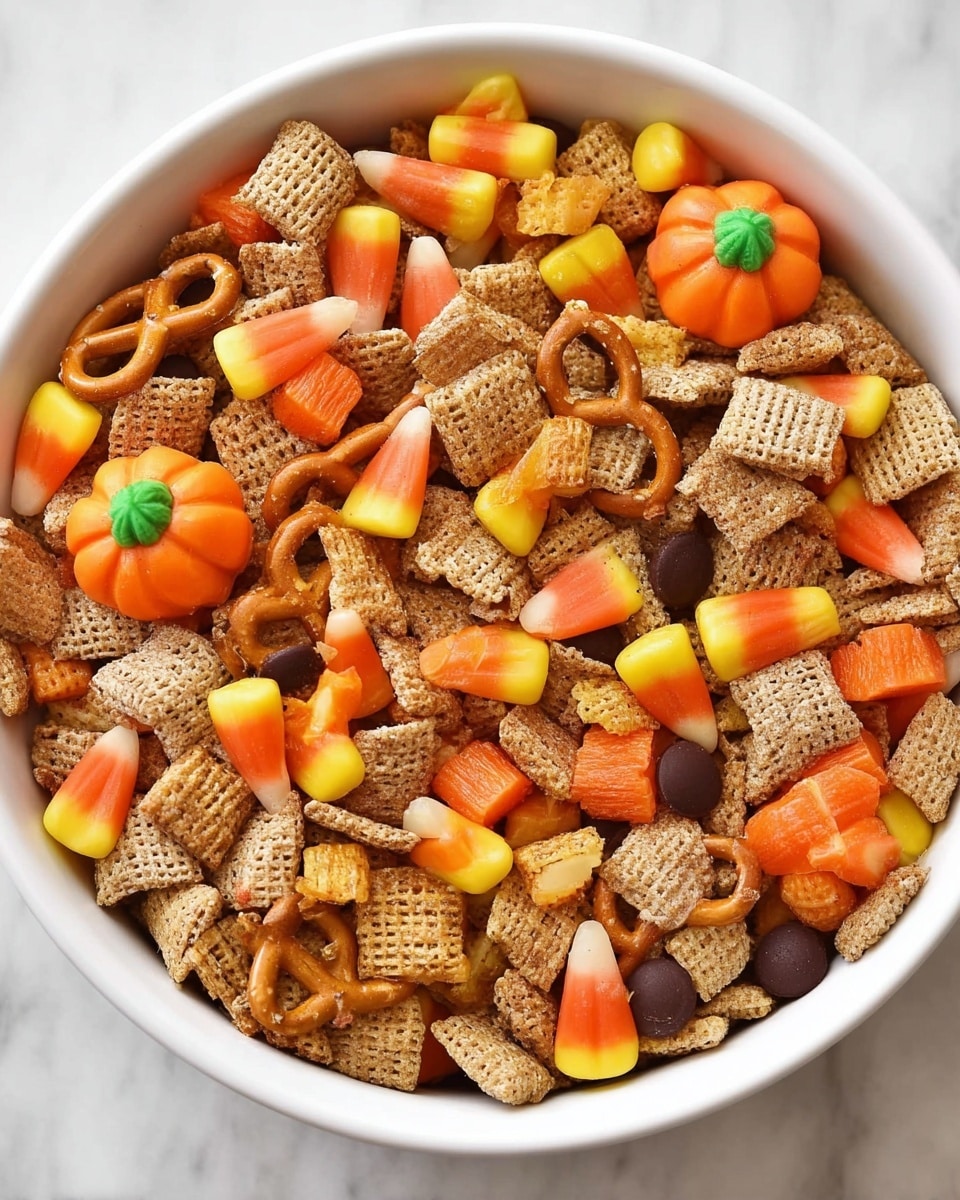 A close-up view of a white bowl filled with a mix of crunchy snacks and colorful candies. The snack mix has several layers, starting with light brown, square-shaped cereal pieces that have a woven texture, evenly spread throughout. Intermixed are small, orange, pumpkin-shaped candies with green tops, giving a festive look. There are also small, cone-shaped, light orange crispy pieces scattered evenly. Pretzels with a golden-brown color and smooth shiny texture are placed all over the mix, some partially hidden under other snacks. Colorful candy corn with layers of white, orange, and yellow is scattered throughout. Round, smooth chocolate candies in orange, yellow, and dark brown add pops of color randomly spread in the mix. The white bowl rests on a white marbled surface. Photo taken with an iphone --ar 4:5 --v 7