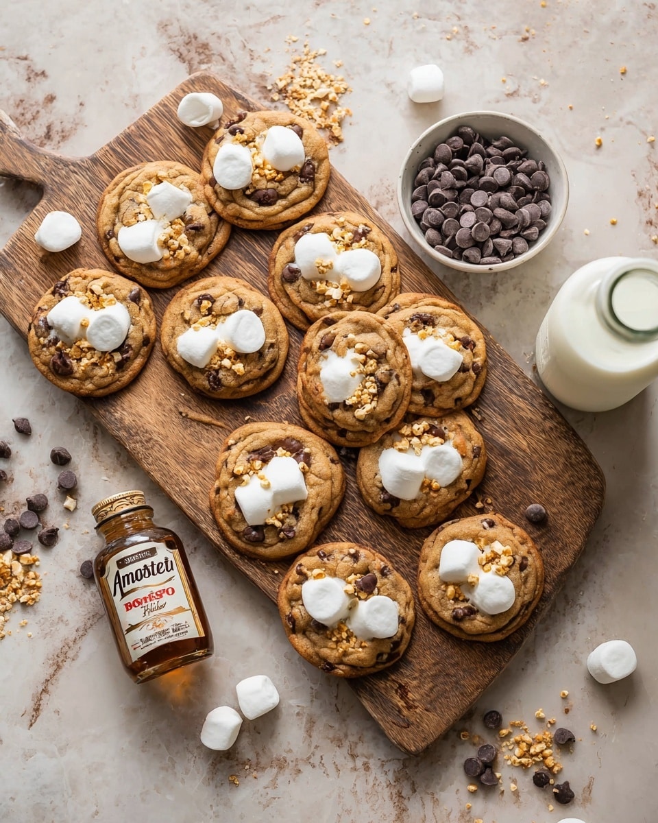 A wooden board holds nine round cookies arranged closely, each cookie showing a golden-brown color with scattered chocolate chips embedded throughout. On top of each cookie are two large, round white marshmallows slightly melted into the dough, with some golden crumbs sprinkled over them. Nearby, there is a small white bowl filled with dark chocolate chips and a small glass bottle labeled Amoretti, as well as a bottle of milk with a white cap. The whole scene is set on a white marbled surface with some scattered chocolate chips and crumbs around. photo taken with an iphone --ar 4:5 --v 7