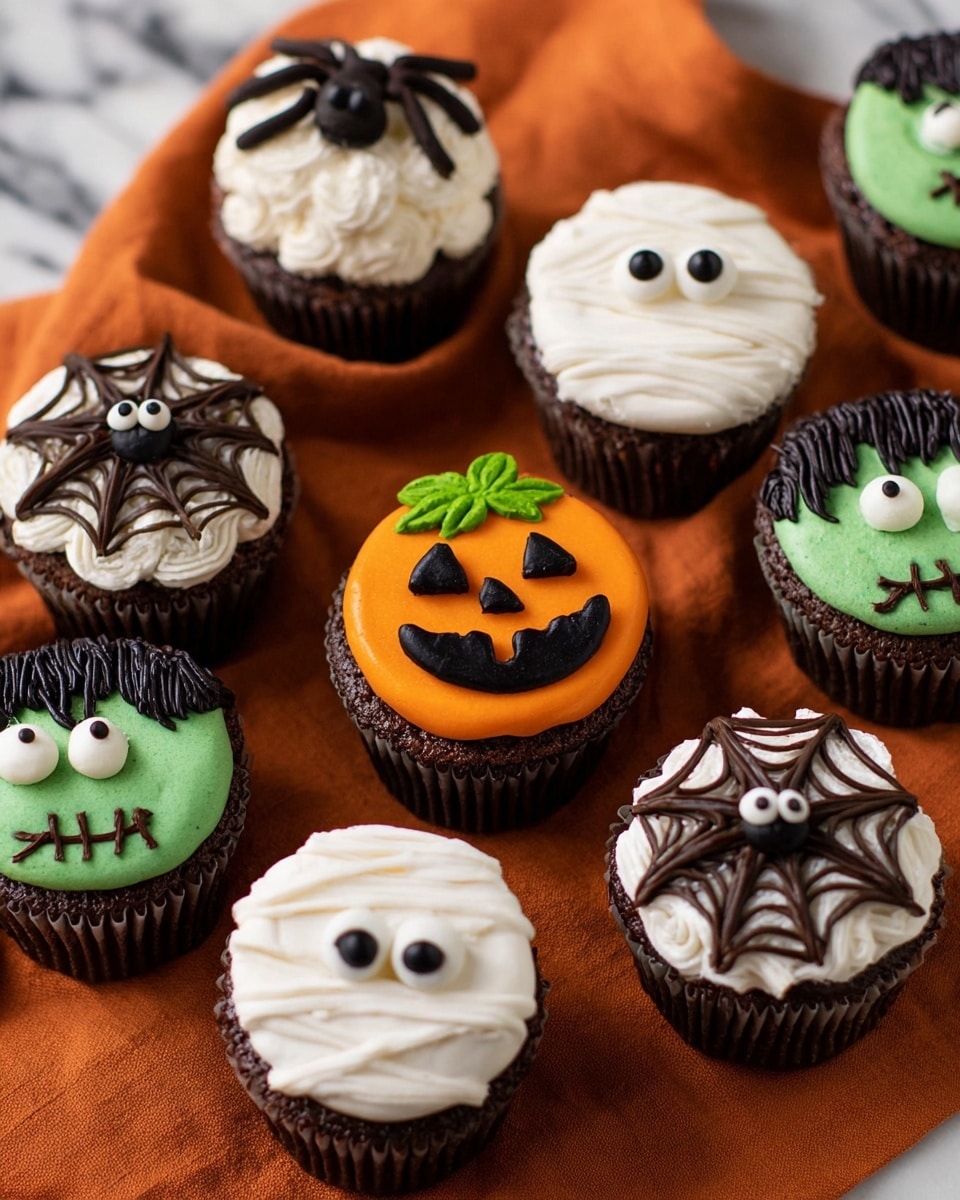 The image shows a group of Halloween-themed cupcakes on a soft orange cloth over a white marbled surface. Each cupcake has one layer of dark chocolate cake and one thick layer of colored frosting with detailed icing decorations on top. There is a bright orange pumpkin cupcake with black carved face details and small green leaves on top. Two green Frankenstein cupcakes have smooth green frosting, black icing hair, and black stitched scars with white candy eyes. Two white mummy cupcakes have strips of white frosting arranged to look like wrapped bandages with visible white candy eyes on black frosting beneath. Two spider web cupcakes have white frosting topped with dark brown web patterns and a dark chocolate spider with small light details on top. One skull cupcake has white frosting with a smiling stitched mouth and round eyes made from black icing. Photo taken with an iphone --ar 4:5 --v 7