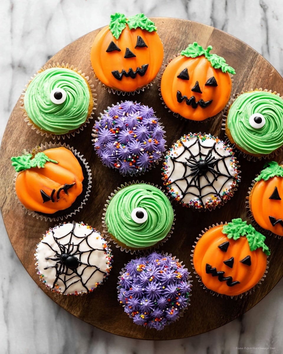 The image shows a round wooden board placed on a white marbled surface, holding twelve Halloween-themed cupcakes. There are four orange cupcakes decorated to look like pumpkins with bright green leaves on top and black icing faces with triangular eyes and jagged mouths, positioned around the board. Four purple cupcakes have a textured star pattern with small white candy eyes and colorful sprinkles scattered on top, sitting near the edges. Three green swirl cupcakes have a smooth frosting spiral with a single large candy eye in the center, evenly spaced around the display. Finally, three white cupcakes feature black spider web designs with a small black spider made from icing and candy eyes sitting on the web, placed near the pumpkin cupcakes. The overall look is colorful and festive, perfect for a Halloween celebration. photo taken with an iphone --ar 4:5 --v 7