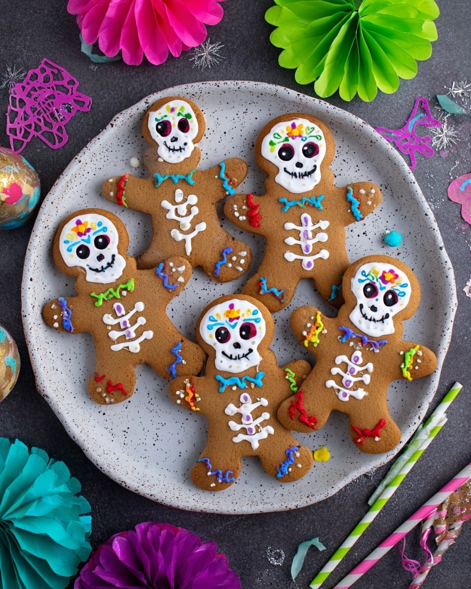 The image shows a gingerbread cookie shaped like a person with colorful Day of the Dead style icing. The cookie has one thick base layer of light brown gingerbread. On top, there is a white icing layer forming a skull shape on the head, decorated with small orange, purple, blue, green, and red dots and flower-like designs. Black icing forms the eyes, nose, and mouth bones, and white icing lines with colored dots create a skeleton design on the arms, legs, and body. The cookie is placed on a dark textured surface with pink and green tissue paper pieces nearby. Photo taken with an iphone --ar 4:5 --v 7