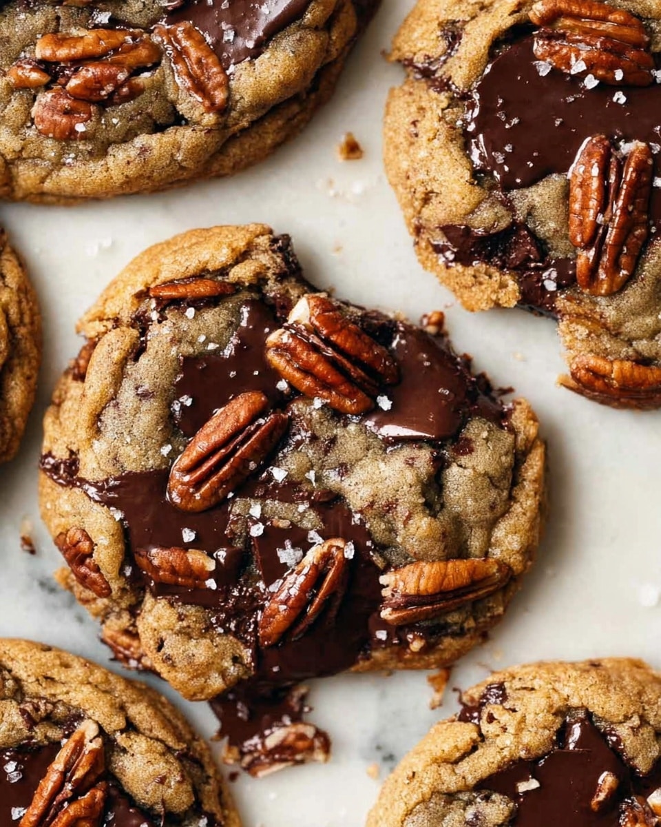 A close-up view of several large chocolate chip cookies with pecan nuts scattered on top and inside each cookie. The cookies have a golden-brown baked surface with visible melted dark chocolate chunks and glossy, rich chocolate pools. The edges look slightly crisp while the middle is soft and thick, showing a gooey texture just slightly breaking apart. Some of the pecans are whole, adding a crunchy texture, and there is a light sprinkle of flaky salt on top, enhancing the visual appeal. The cookies rest on a white marbled surface. photo taken with an iphone --ar 4:5 --v 7