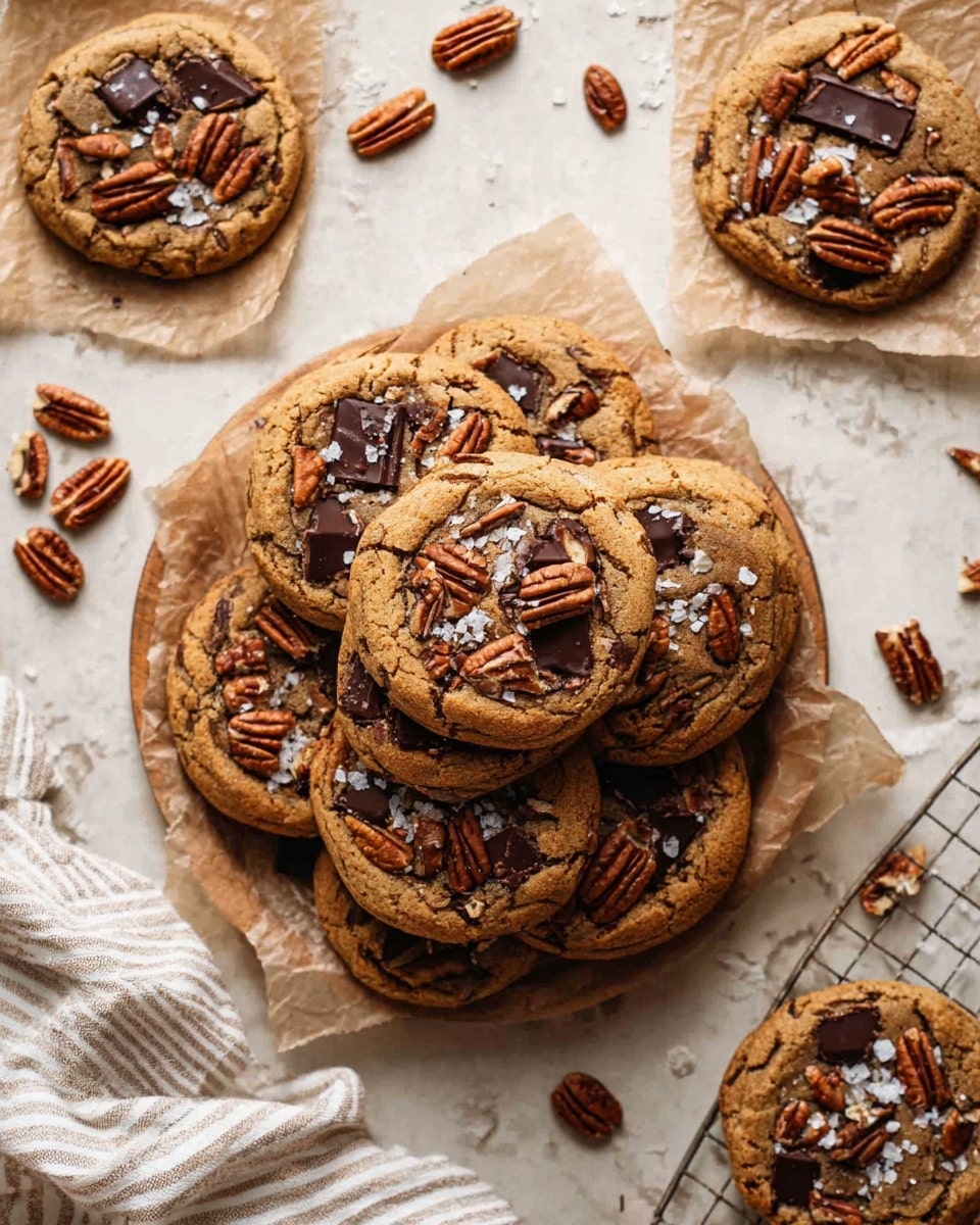 A pile of seven round cookies with a golden-brown base and a soft, slightly cracked texture is displayed on crinkled parchment paper over a white marbled surface. Each cookie is decorated on top with unevenly scattered dark chocolate chunks and whole pecan halves, with small bits of chopped pecans filling in the gaps. Some coarse salt grains are sprinkled lightly over the cookies, adding a subtle sparkle to the warm colors. The cookies have a homemade look, slightly overlapping one another, and a few pecan pieces are scattered around the edges of the paper. Photo taken with an iphone --ar 4:5 --v 7