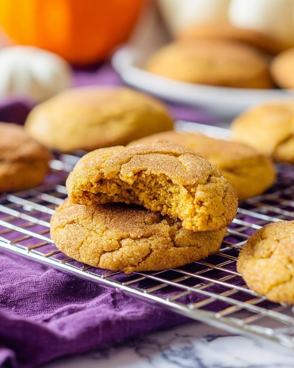 A golden brown cookie with a cracked surface sits on a silver cooling rack above a purple cloth, with a bite taken from the front showing a soft, crumbly inside. Around it are similar cookies with the same rough texture and warm color. In the blurry background, there is an orange pumpkin and a white plate holding more cookies. The entire scene is set on a white marbled surface. Photo taken with an iphone --ar 4:5 --v 7