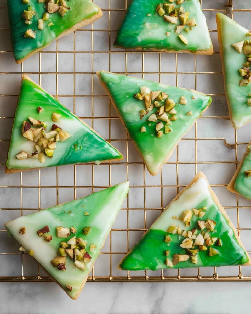 The image shows several triangular cookies on a gold wire cooling rack. The cookies have a smooth, shiny glaze with a marbled mix of green and white colors. Each cookie is topped with small pieces of chopped nuts that add texture and contrast to the glossy surface. The cookies vary slightly in size and the green color ranges from light to bright shades, creating a fresh and vibrant look. The background has a white marbled texture. Photo taken with an iphone --ar 4:5 --v 7