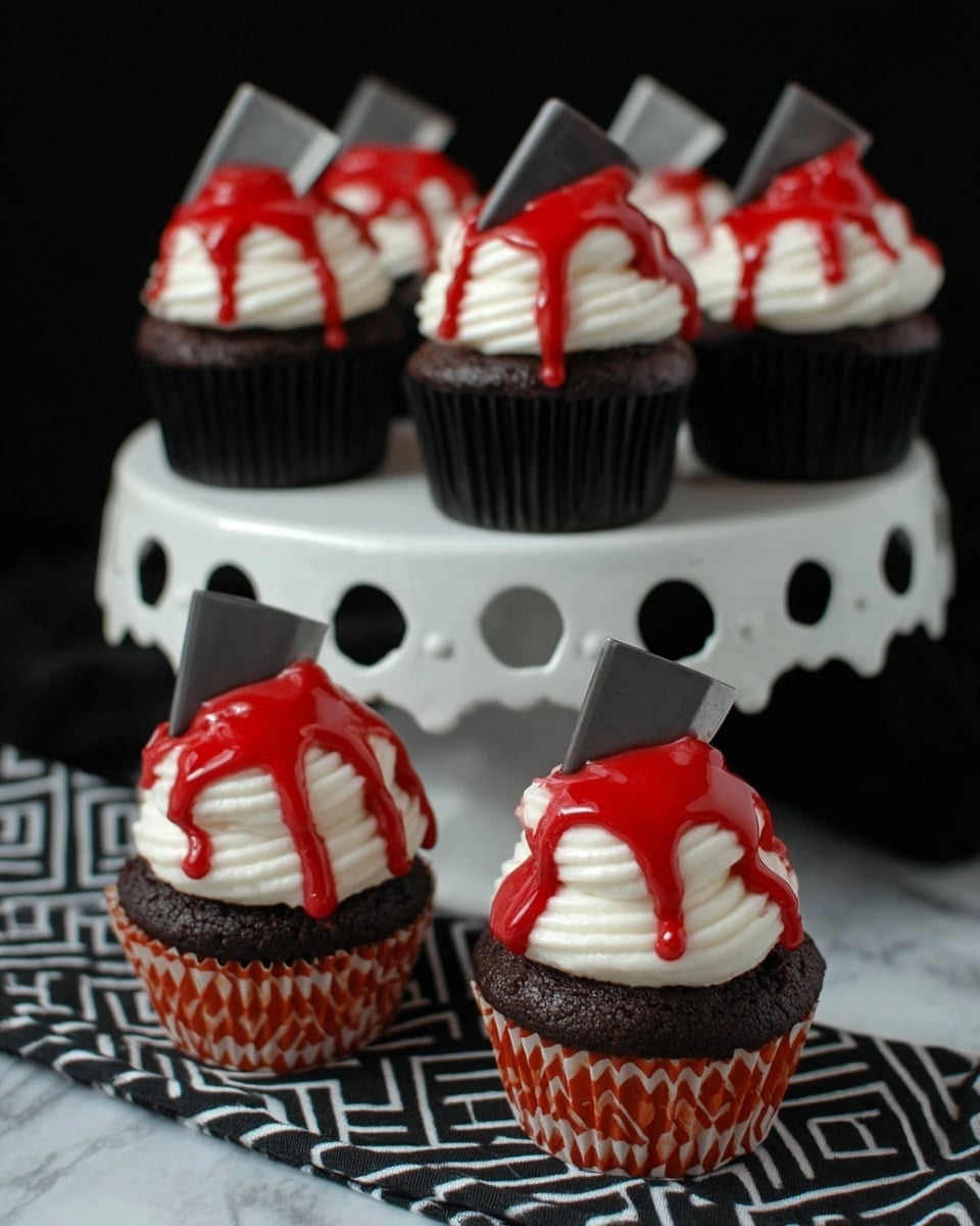 There are six dark brown cupcakes with thick, white, swirled frosting on top, each topped with bright red drips resembling blood. Each cupcake also has a small grey cleaver stuck into the frosting at an angle. The cupcakes sit in orange and black patterned liners and are placed on a white cake stand with cut-out details, against a black background. Two cupcakes are in front on a black and white geometric patterned cloth, on a white marbled surface photo taken with an iphone --ar 4:5 --v 7