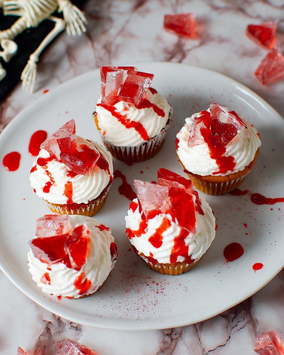 Five cupcakes sit on a white plate placed on a white marbled surface. Each cupcake has a swirl of white frosting on top, decorated with shards of clear, red-tinted gelatin that look like broken glass. Red syrup is splattered artistically on the frosting and plate, giving a dripping effect. The background shows a skeleton figure and scattered pieces of the same red-tinted gelatin. Photo taken with an iphone --ar 4:5 --v 7