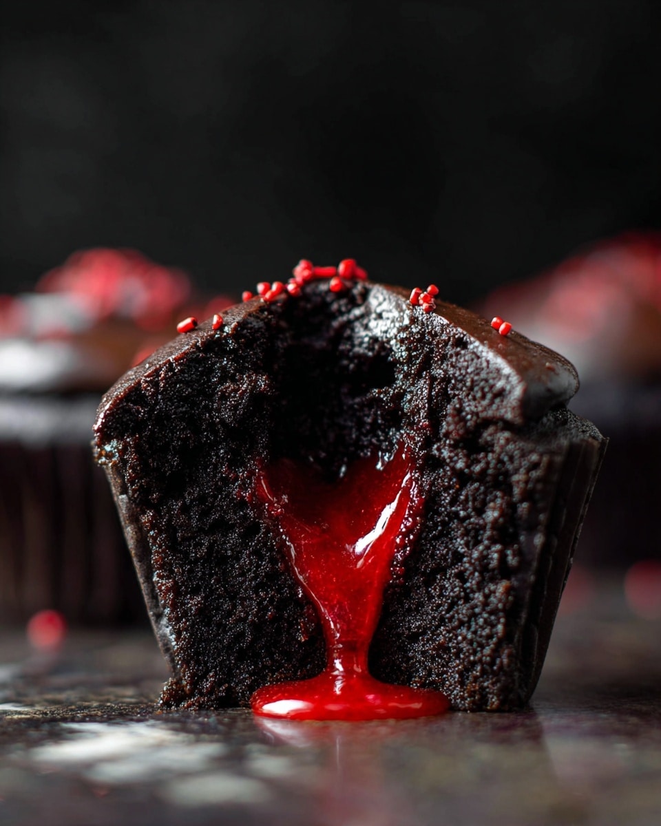 The image shows a dark chocolate cupcake that is cut in half, revealing a bright red, glossy filling flowing out from the middle. The cupcake base is deep black with a soft, crumbly texture, topped with a thick layer of shiny black chocolate frosting with small red sprinkles. The cupcake sits on a surface with a dark background, however, imagine it on a white marbled texture. The whole cupcake has rich, bold colors and a moist look. Photo taken with an iphone --ar 4:5 --v 7
