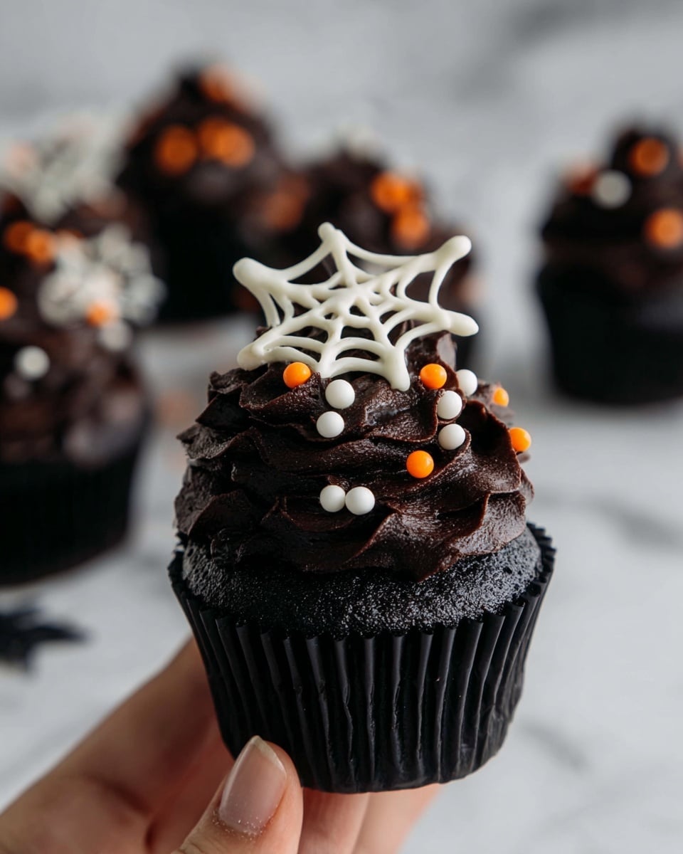 A close-up of a black cupcake held by a woman's hand, with one thick layer of dark, rich chocolate frosting on top, decorated with small round white and orange sprinkles and a large white chocolate decoration shaped like a spider web placed in the frosting’s center. The cupcake liner is black, and in the blurred background, there are more cupcakes with similar dark frosting and orange sprinkles on a white marbled surface. photo taken with an iphone --ar 4:5 --v 7