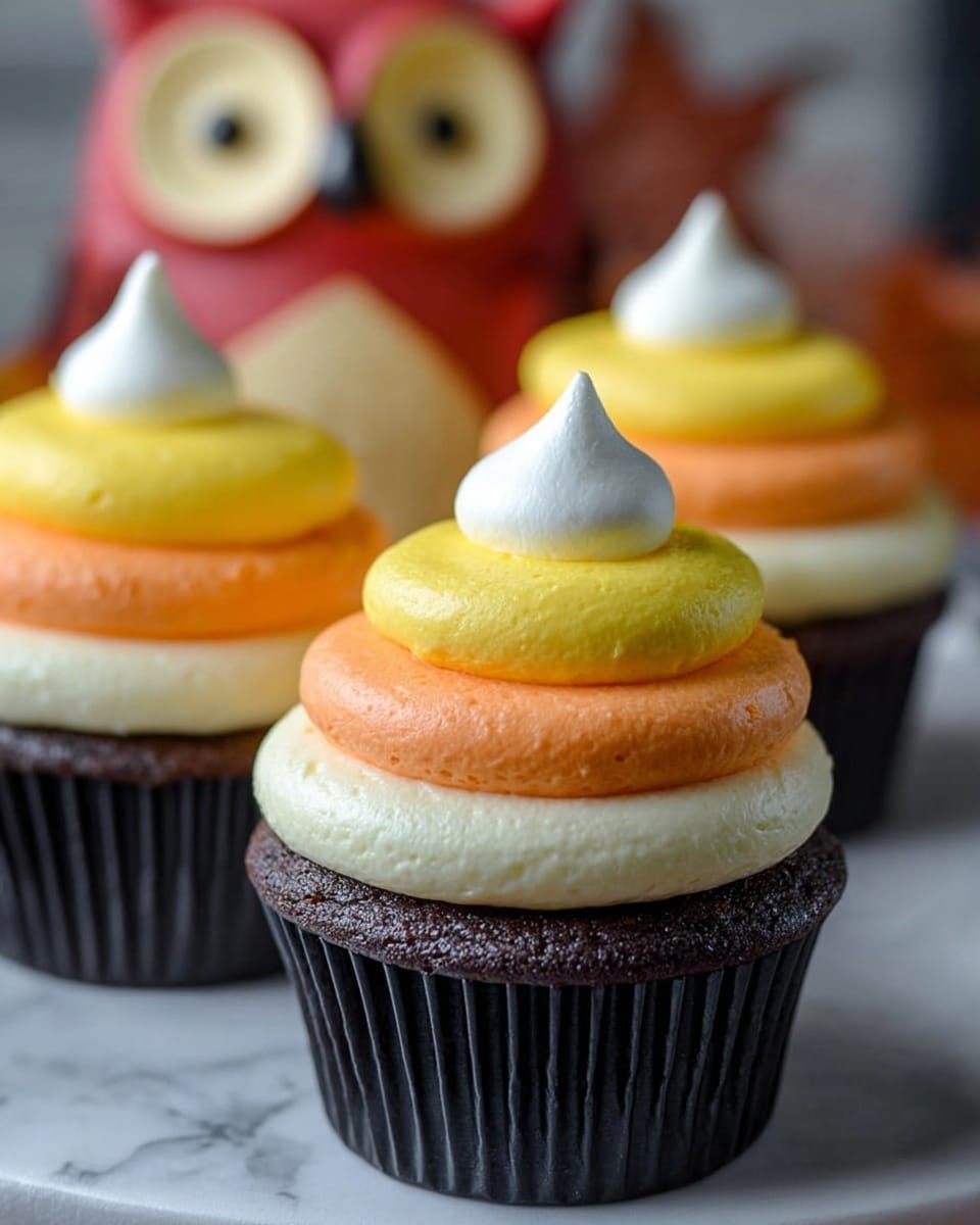 The image shows a close-up of three chocolate cupcakes in white marble texture background, each topped with three layers of smooth frosting. The bottom frosting layer is bright yellow and thick, the middle layer is orange and slightly thinner, and the top layer is a small peak of white cream. The cupcakes are inside black wrappers. In the background, there is a blurry owl-shaped decoration with red and beige colors. photo taken with an iphone --ar 4:5 --v 7