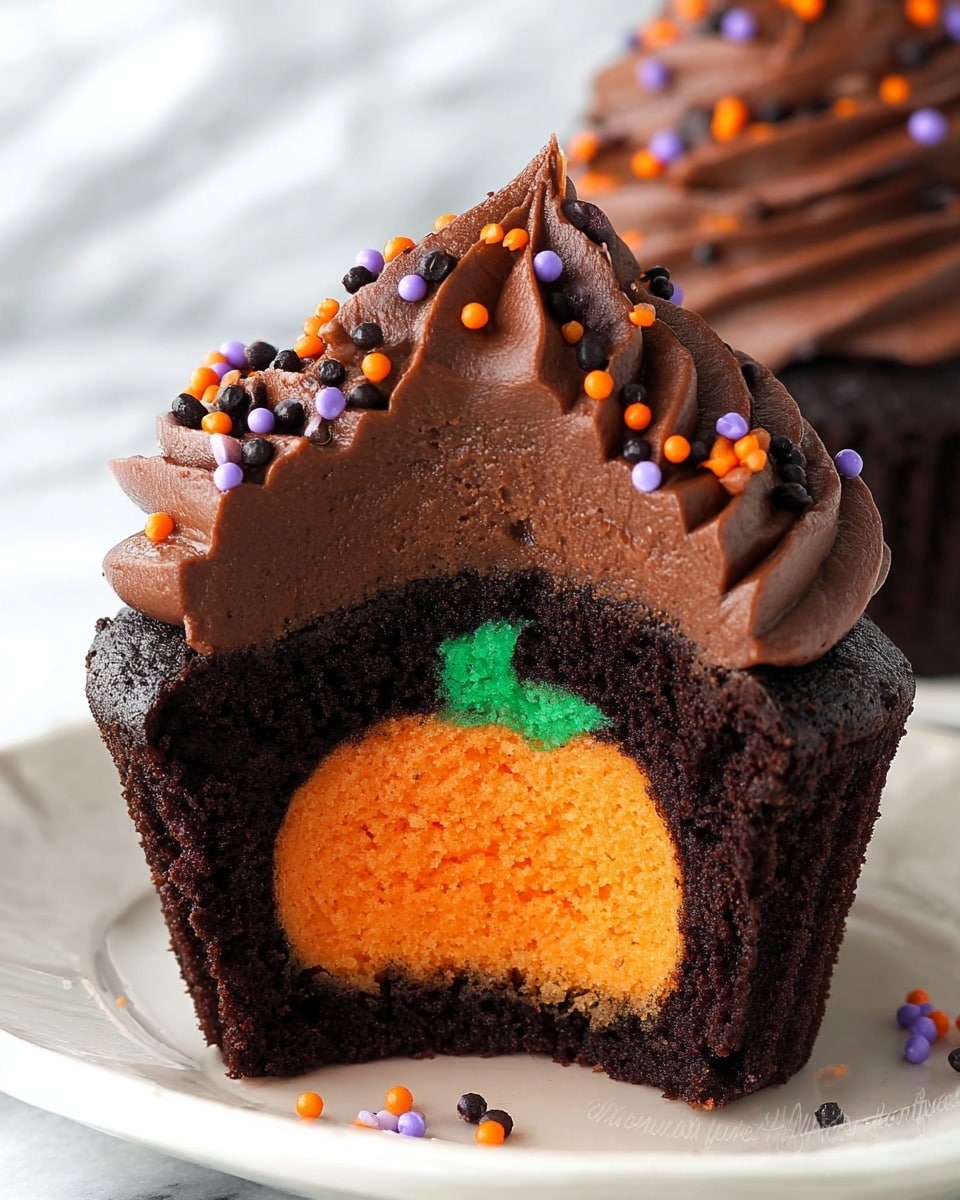 A cupcake cut in half shows four layers: the bottom layer is bright orange, shaped like a pumpkin, with a small green layer on top representing a stem; this sits inside a dark chocolate cake layer forming the outer edge; above this is a thick, rich dark brown chocolate frosting with a smooth, creamy texture swirling on top; scattered on the frosting are small round sprinkles in purple, orange, and black. The cupcake is on a white plate with a white marbled surface underneath. Photo taken with an iphone --ar 4:5 --v 7