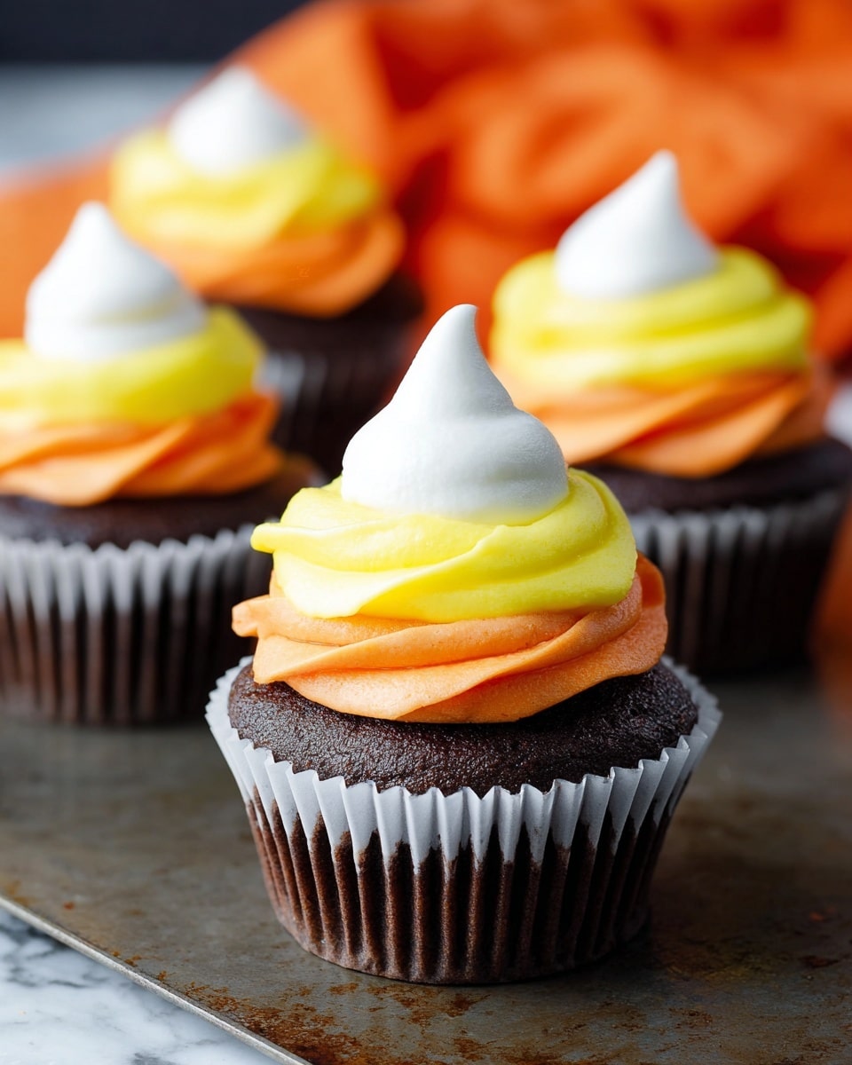 A close-up shot of a dark chocolate cupcake in a white paper liner, topped with three layers of smooth frosting: the bottom layer is bright yellow swirled thickly, the middle layer is a smaller swirl of deep orange, and the top is a small dollop of white frosting shaped like a soft peak. The cupcake sits on a dark, slightly rusty metal surface with three more cupcakes blurred in the background, each decorated the same way. The background features a hint of an orange cloth and a white marbled texture underneath. Photo taken with an iphone --ar 4:5 --v 7