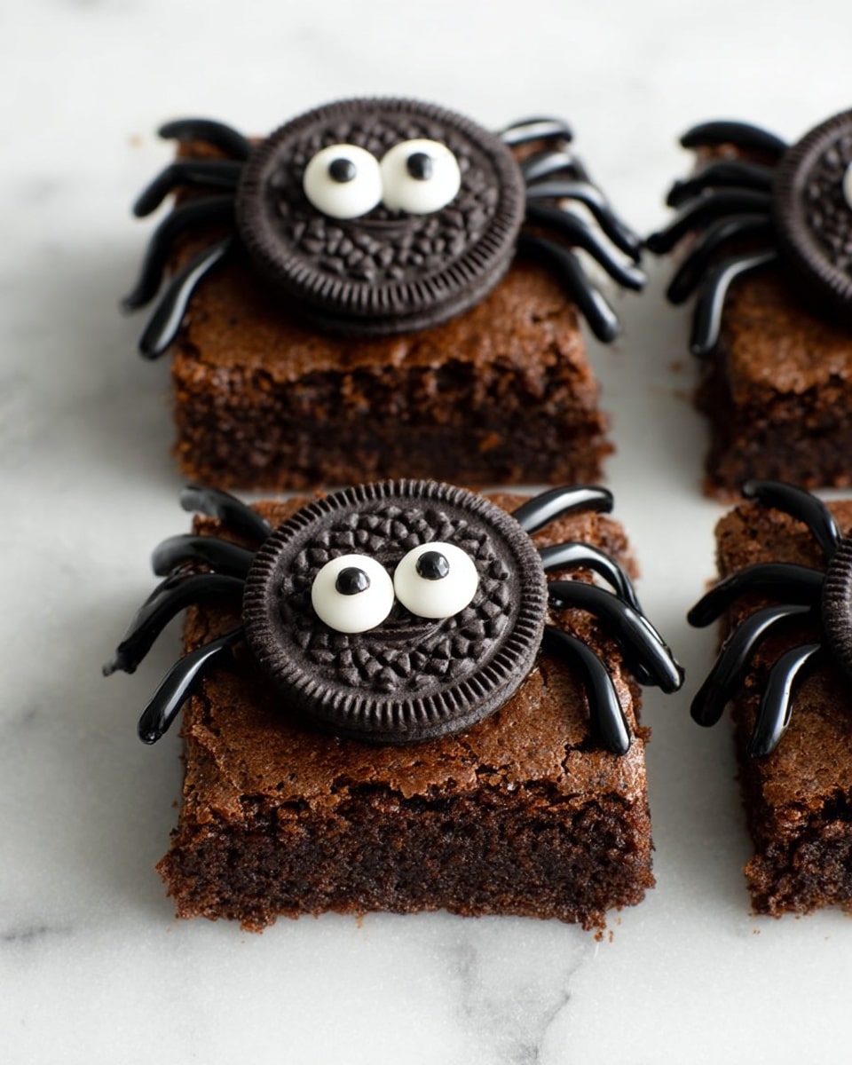 The image shows four square-shaped chocolate brownies placed on white parchment paper over a white marbled surface. Each brownie is topped with a round black cookie which looks like an Oreo, decorated to look like a spider. The cookie has two white candy eyes with black dots, positioned near the upper center. Shiny black icing is used to create spider legs on each side of the cookie, extending outwards onto the brownie surface. The brownies have a rich, moist texture with small cracks visible on top, and the whole setup has soft natural lighting. Photo taken with an iphone --ar 4:5 --v 7