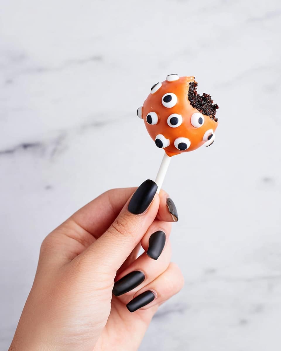 A woman's hand with long, matte black nails is holding a small cake pop. The cake pop has an orange coating decorated with several white and black edible eyes scattered all over its surface. A small bite is taken from the cake pop, revealing a dark, crumbly inside. The background and surface are a smooth white marbled texture. photo taken with an iphone --ar 4:5 --v 7