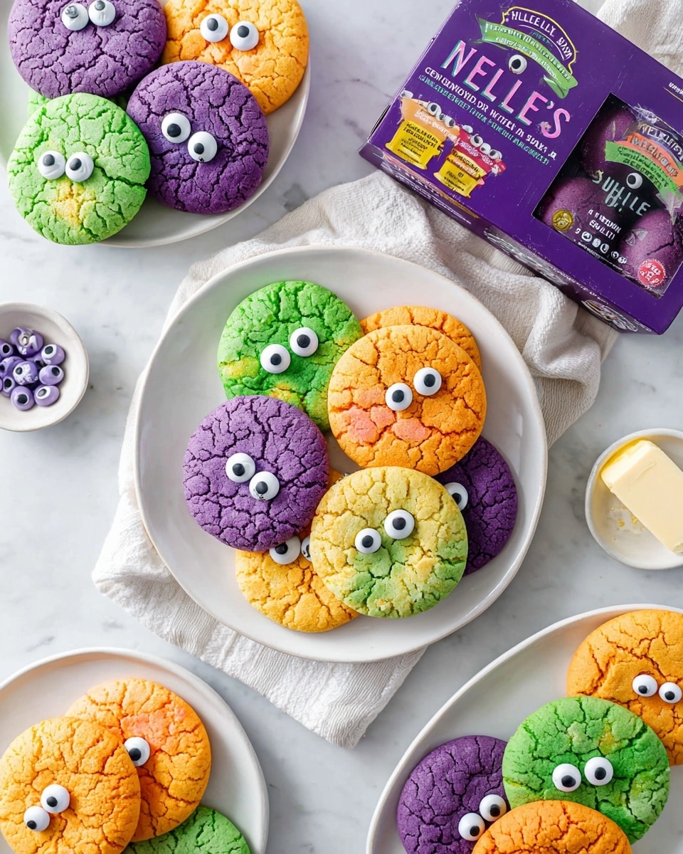 Several white plates and a white bowl are filled with colorful cookies in bright green, purple, and orange shades. Each cookie has a cracked texture and is decorated with one or two large candy eyes, making them look playful and fun. The cookies are arranged randomly on the plates and bowl on a white marbled surface. To the upper right, there is a purple carton of Nellie’s free-range eggs and a matching purple box of unsalted butter, both resting on a white cloth. A small white dish with extra candy eyes is also nearby. The overall scene is bright and cheerful, showing a mix of round cookies with different eye patterns photo taken with an iphone --ar 4:5 --v 7