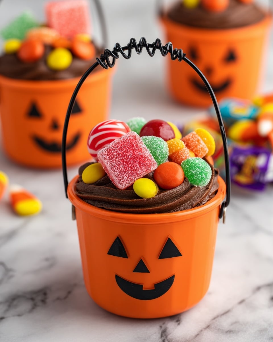A small orange bucket shaped like a pumpkin with a black smiling face sits on a white marbled surface. Inside, the first layer is smooth, dark brown chocolate frosting filling the bucket halfway. On top, there is a colorful mix of candies: a red gumdrop, a pink rectangular candy, a round peppermint with red and white stripes, green gumdrops, yellow and orange candy pieces, all piled up inside. A twisted black candy handle arches over the bucket. In the background, more similar buckets are blurred, along with a pack of colorful candies. Photo taken with an iphone --ar 4:5 --v 7