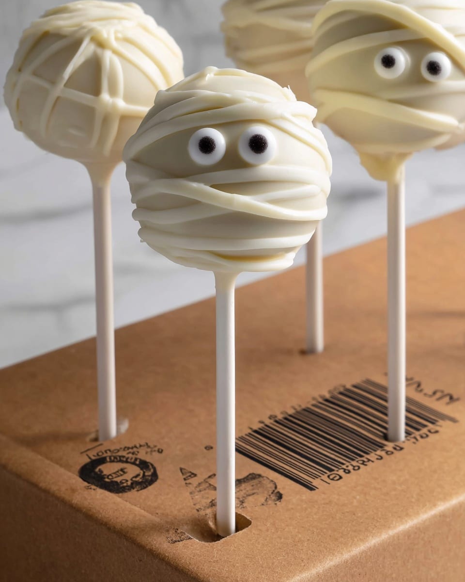 There are four dessert pops on white sticks laid on a white marbled surface. Each pop is covered with smooth white coating with swirled layers giving a wrapped look, resembling mummies. Two small round white candy eyes with black dots are placed on top of each pop. Around the pops are broken black cookies with bright orange cream inside and some extra candy eyes scattered on the surface. One pop is partially dipped showing orange cream inside with some crumbs stuck to the coating. Photo taken with an iphone --ar 4:5 --v 7