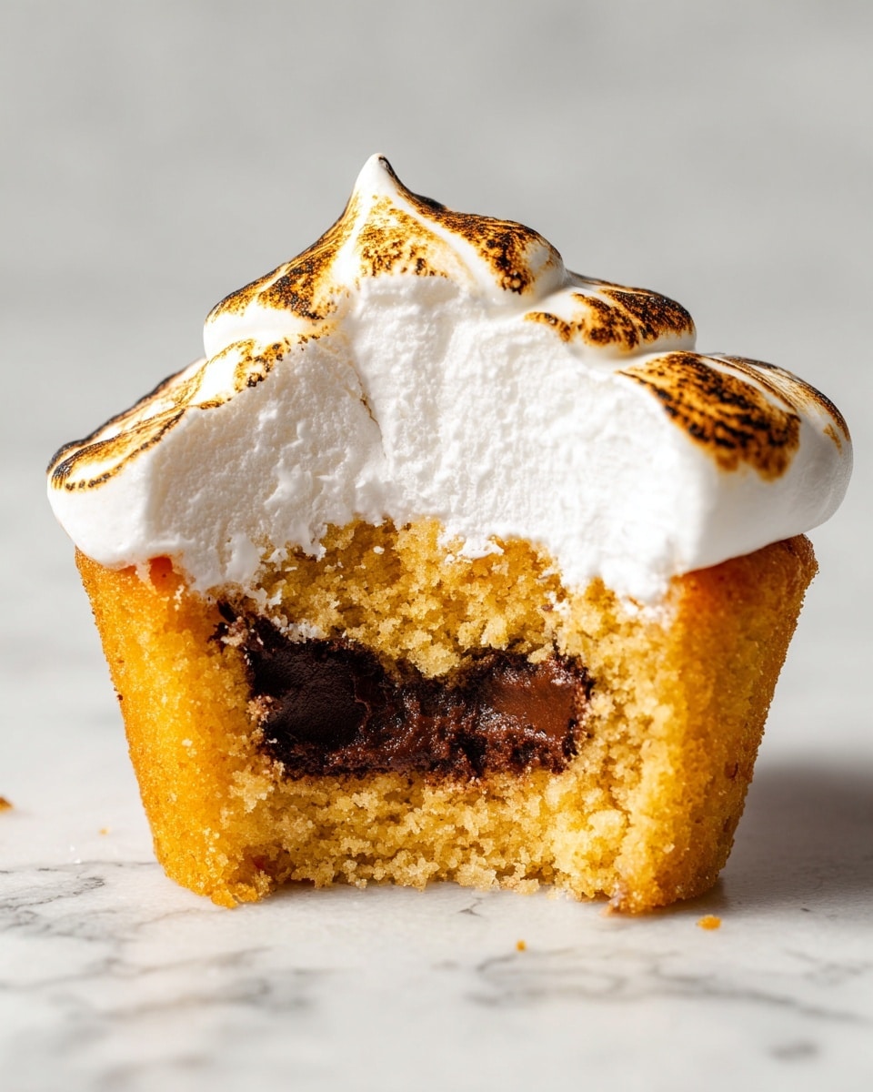 A close-up image of a cupcake cut in half, showing three layers: the bottom layer is a moist, golden-brown cake with a soft, spongy texture. Inside the cupcake, at the center, there is a thick, dark chocolate filling. The top layer is a large, fluffy white cream topping with smooth peaks and light golden brown toasted marks. The cupcake is placed on a white marbled surface. Photo taken with an iphone --ar 4:5 --v 7