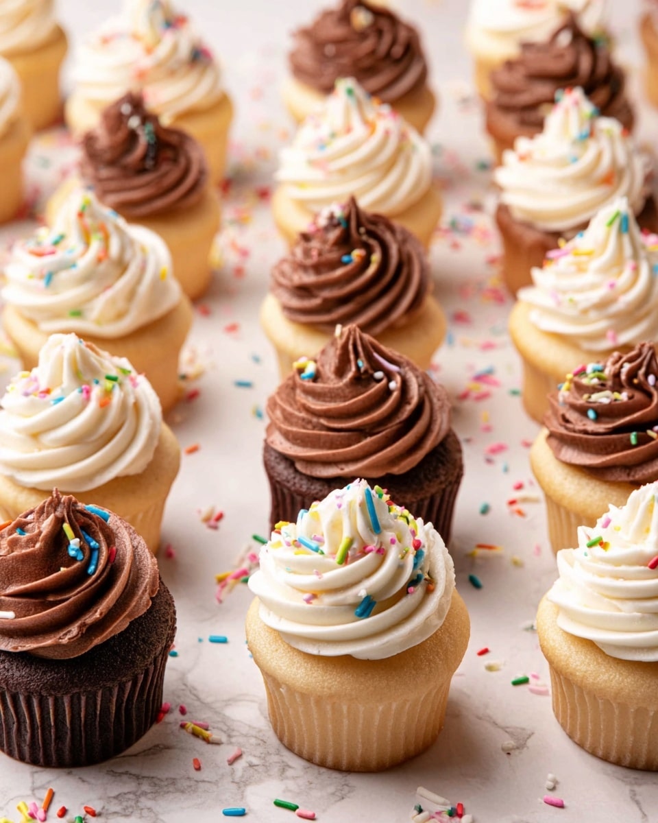 The image shows several vanilla cupcakes with one main cupcake in the center standing on an upside-down white bowl. Each cupcake has a light golden base with a thick swirl of white frosting on top. Colorful rainbow sprinkles are spread on the frosting and scattered around on the white marbled surface. Some cupcakes are placed on white cake stands in the background. The whole setting is bright and clean, with a soft focus on the background cupcakes and the main cupcake sharply in view. Photo taken with an iphone --ar 4:5 --v 7