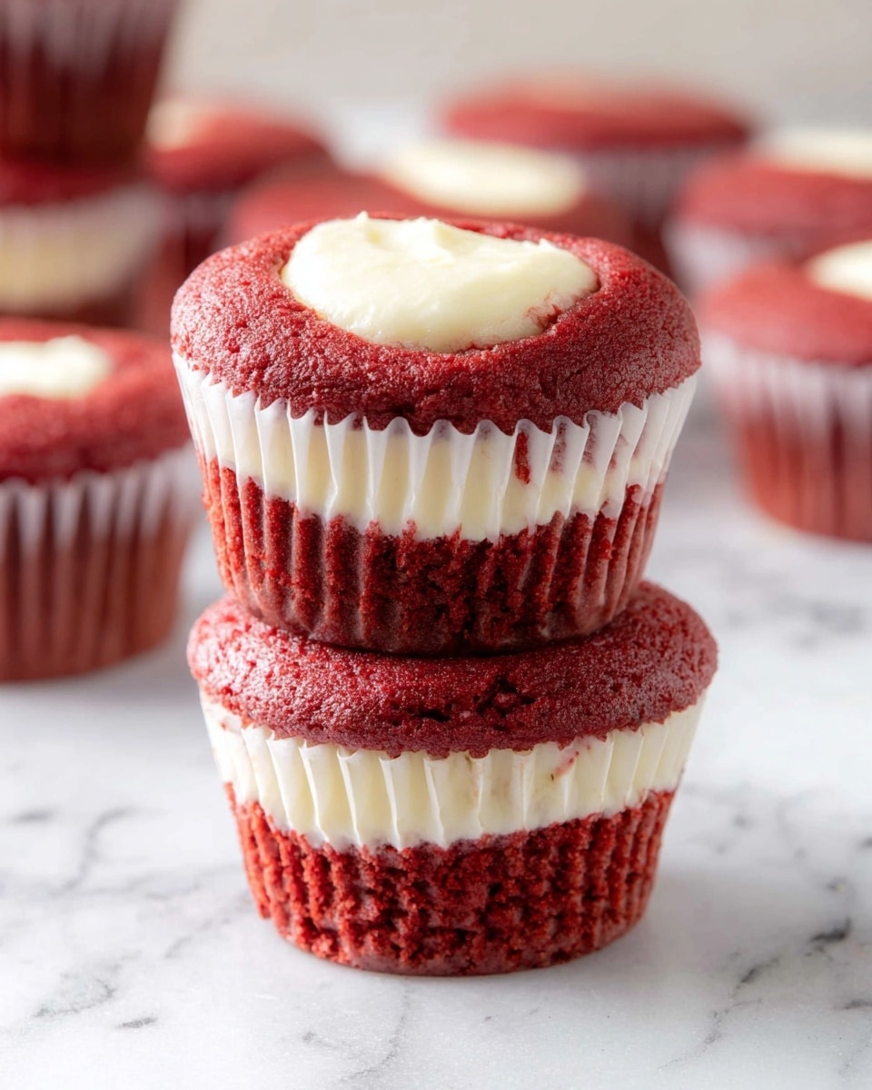 Two red velvet cupcakes are stacked on a white marbled surface. Each cupcake has a deep red color with a slightly rough texture, and both are in white paper liners. The top cupcake shows a creamy white filling in the center with a smooth texture, while the bottom cupcake also has a visible layer of creamy filling between the top and bottom. In the background, several more cupcakes with the same colors and texture are visible, creating a soft, blurred effect. Photo taken with an iphone --ar 4:5 --v 7