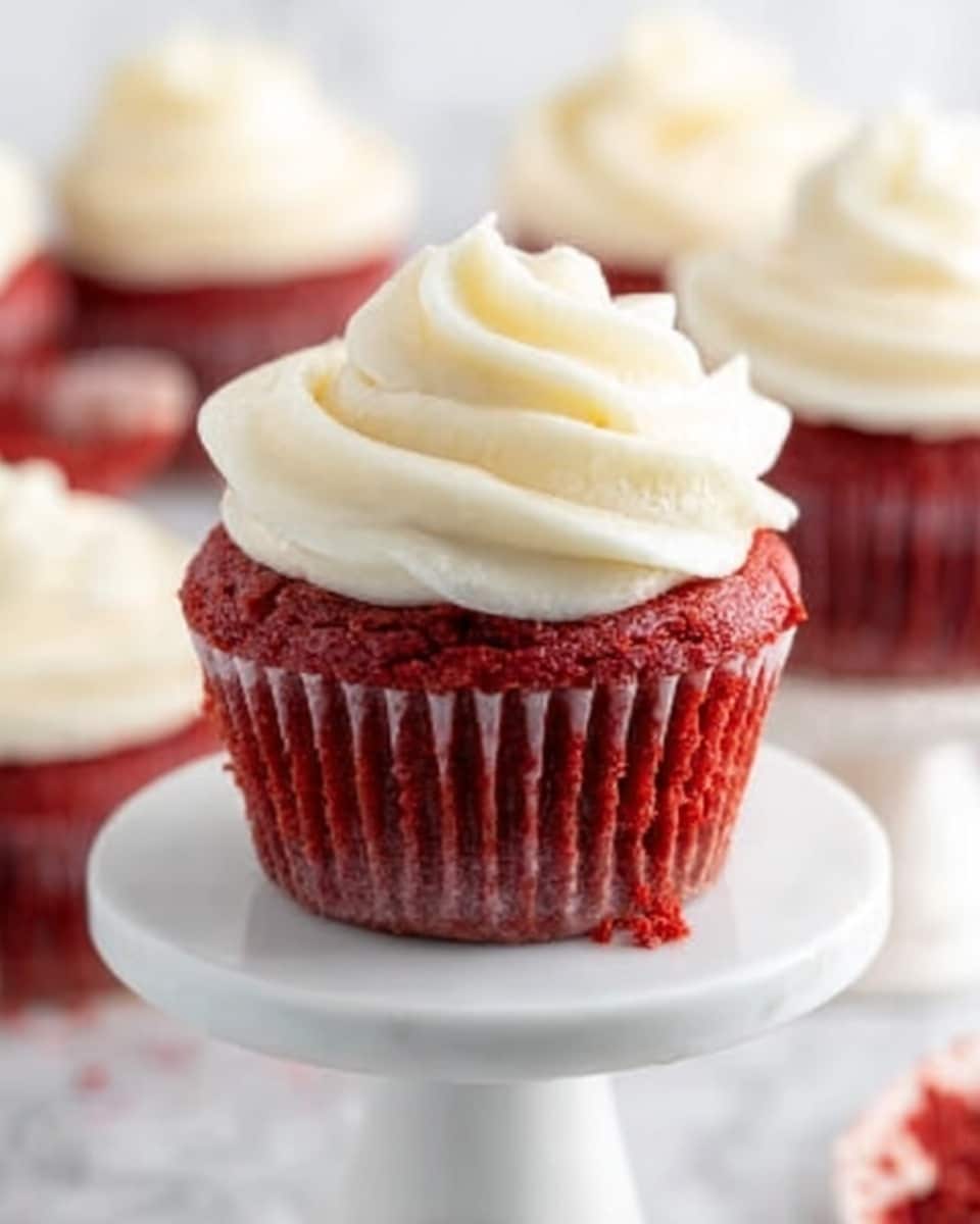 A red velvet cupcake sits on a white cake stand, topped with a thick swirl of creamy white frosting that has smooth, soft peaks. The cupcake’s bright red color contrasts with the white frosting, and the texture of the cupcake looks moist and slightly crumbly. In the slightly blurred background, more red velvet cupcakes with the same white frosting are visible, placed on a white marbled surface, giving a clean and bright setting. photo taken with an iphone --ar 4:5 --v 7