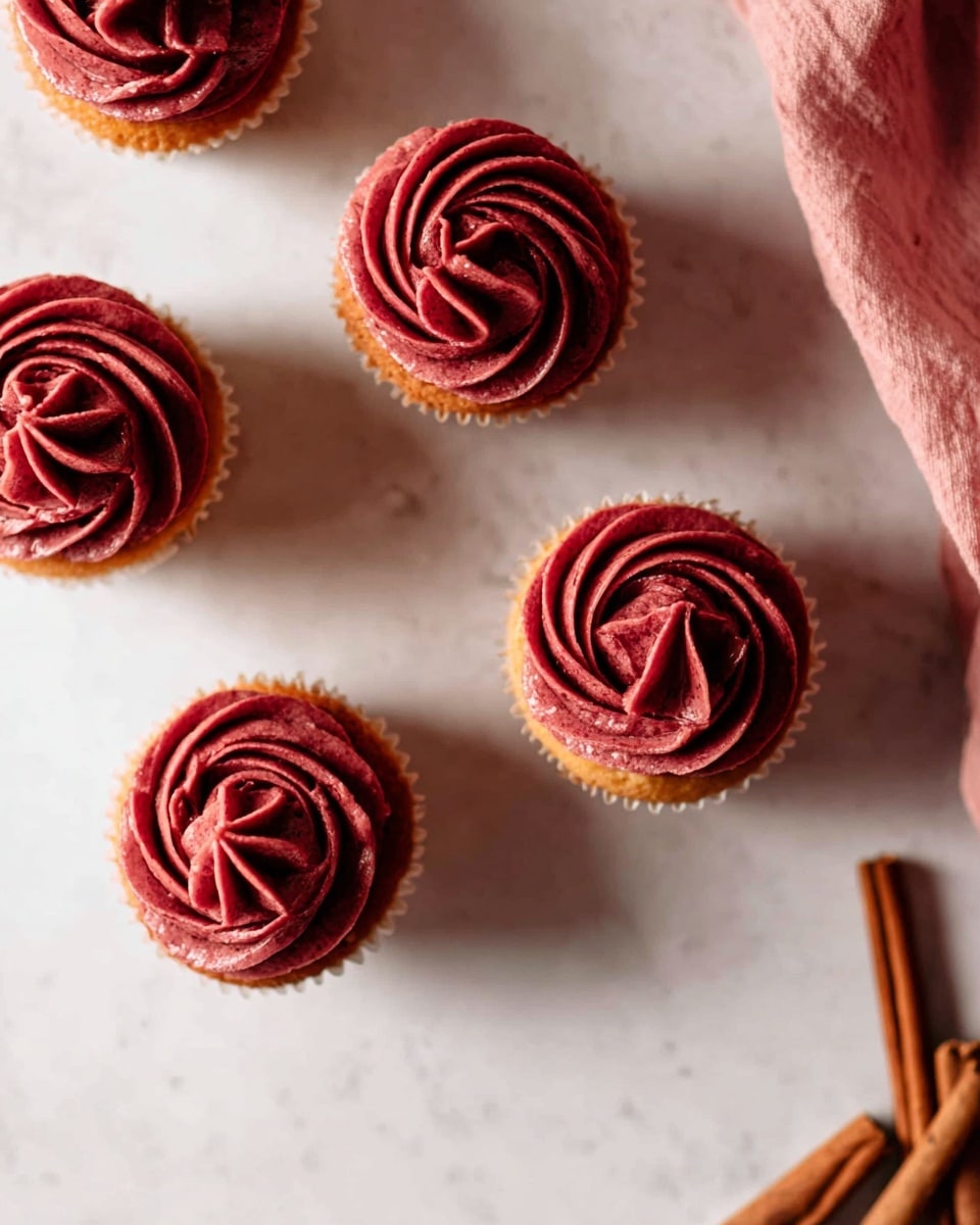 The image shows five cupcakes arranged on a white marbled surface, each topped with one thick layer of dark red frosting with a smooth, swirled texture that creates a rose-like pattern. The cupcake base is light golden brown and visible beneath the frosting. There is a pink cloth in the upper right corner and some cinnamon sticks near the bottom right of the image, adding warm, autumn tones. The lighting is soft and natural, creating gentle shadows around the cupcakes, making them stand out. photo taken with an iphone --ar 4:5 --v 7